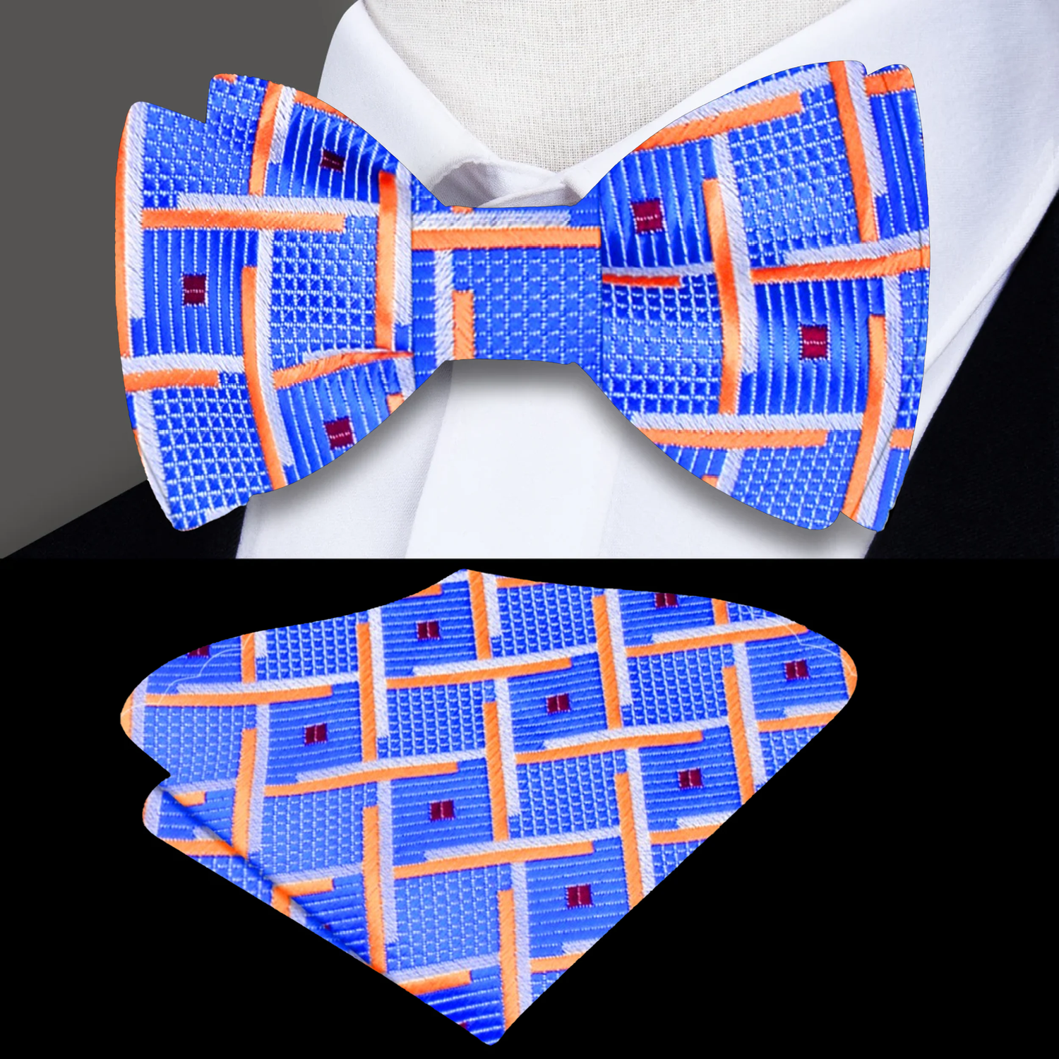 A Blue, Orange, White Geometric Squares Pattern Silk Self Tie Bow Tie, Matching Pocket Square