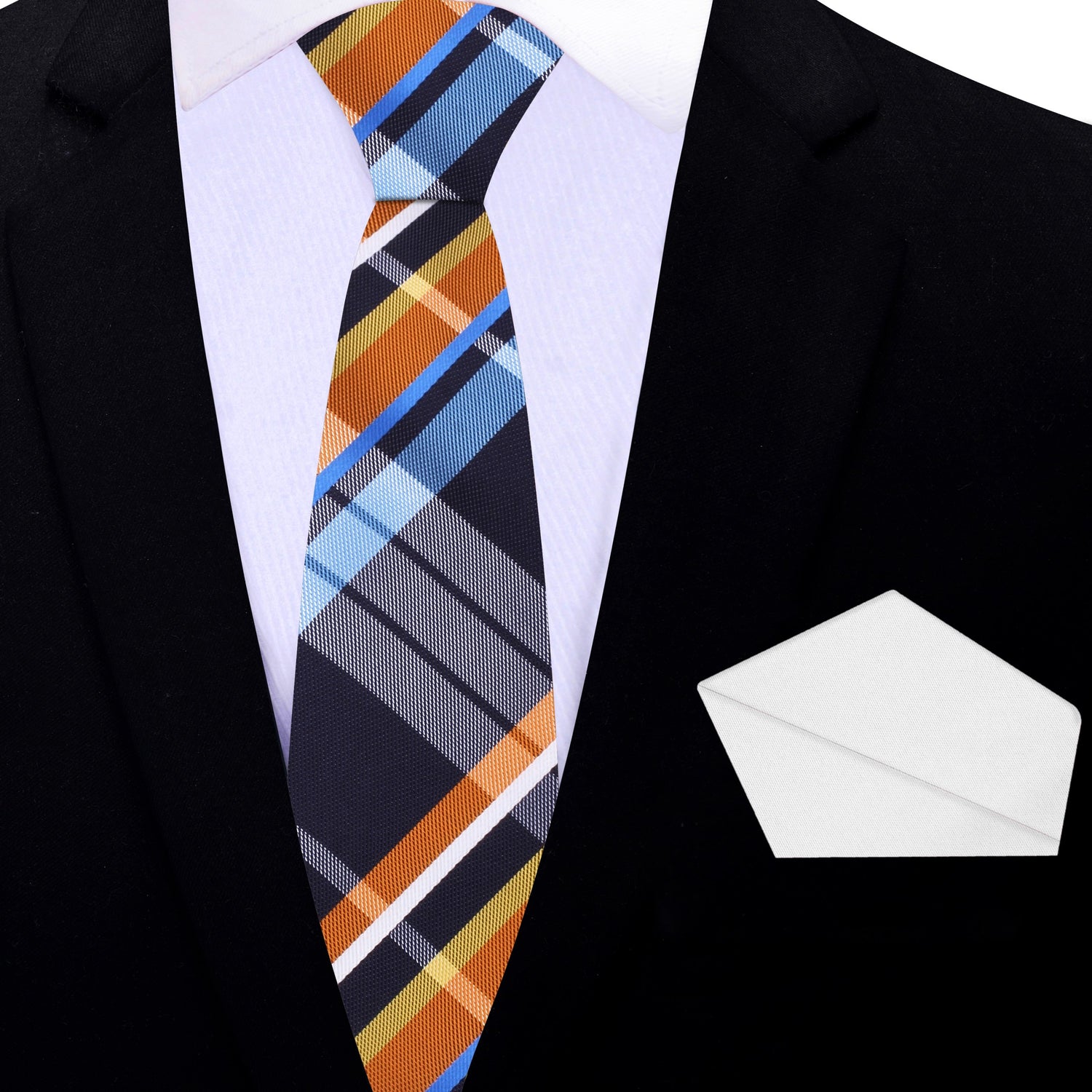 Thin Tie: Blue, Orange, White Plaid Necktie and White Square