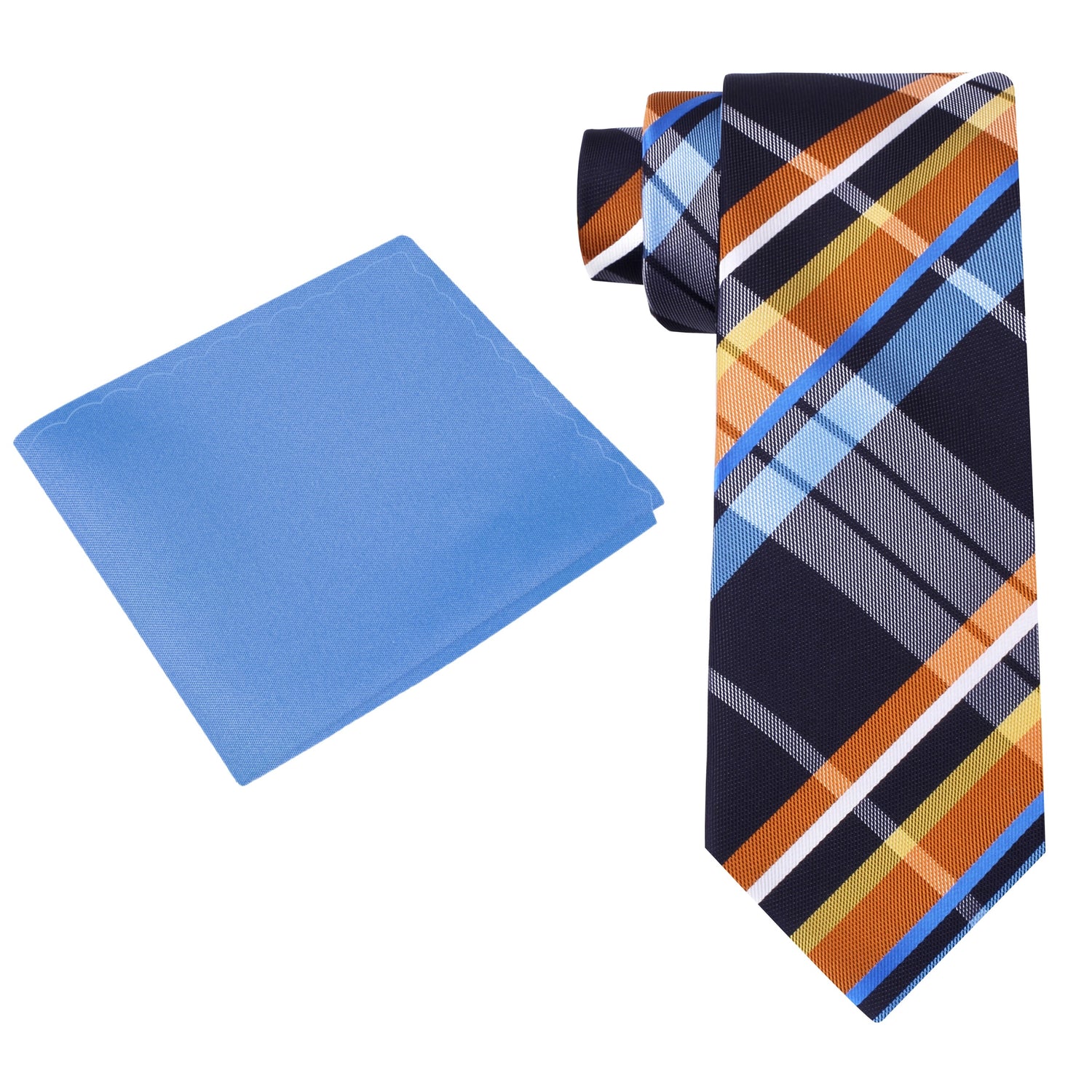 Alt View: Blue, Orange, White Plaid Necktie and Blue Square