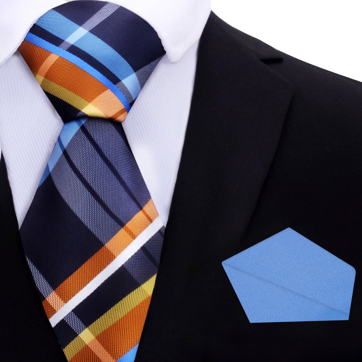 Blue, Orange, White Plaid Necktie and Blue Square