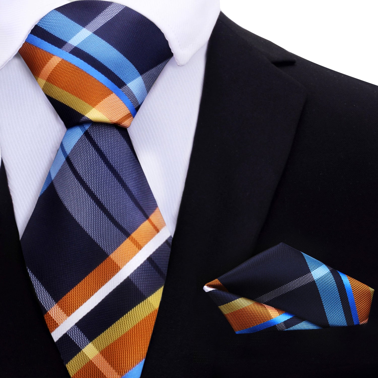Blue, Orange, White Plaid Necktie and Square