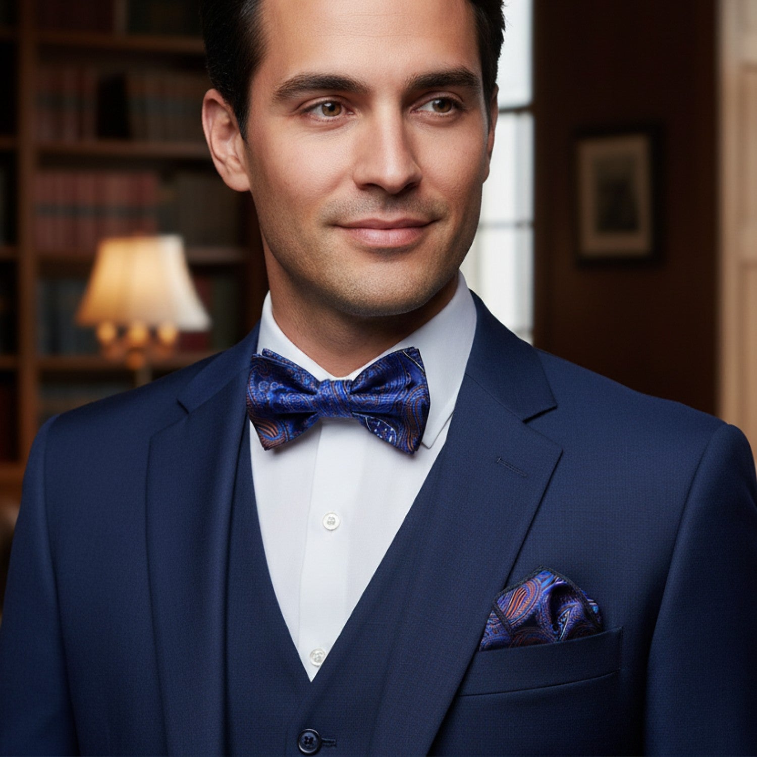 Man wearing a navy suit with a patterned bow tie and pocket square in an indoor setting.