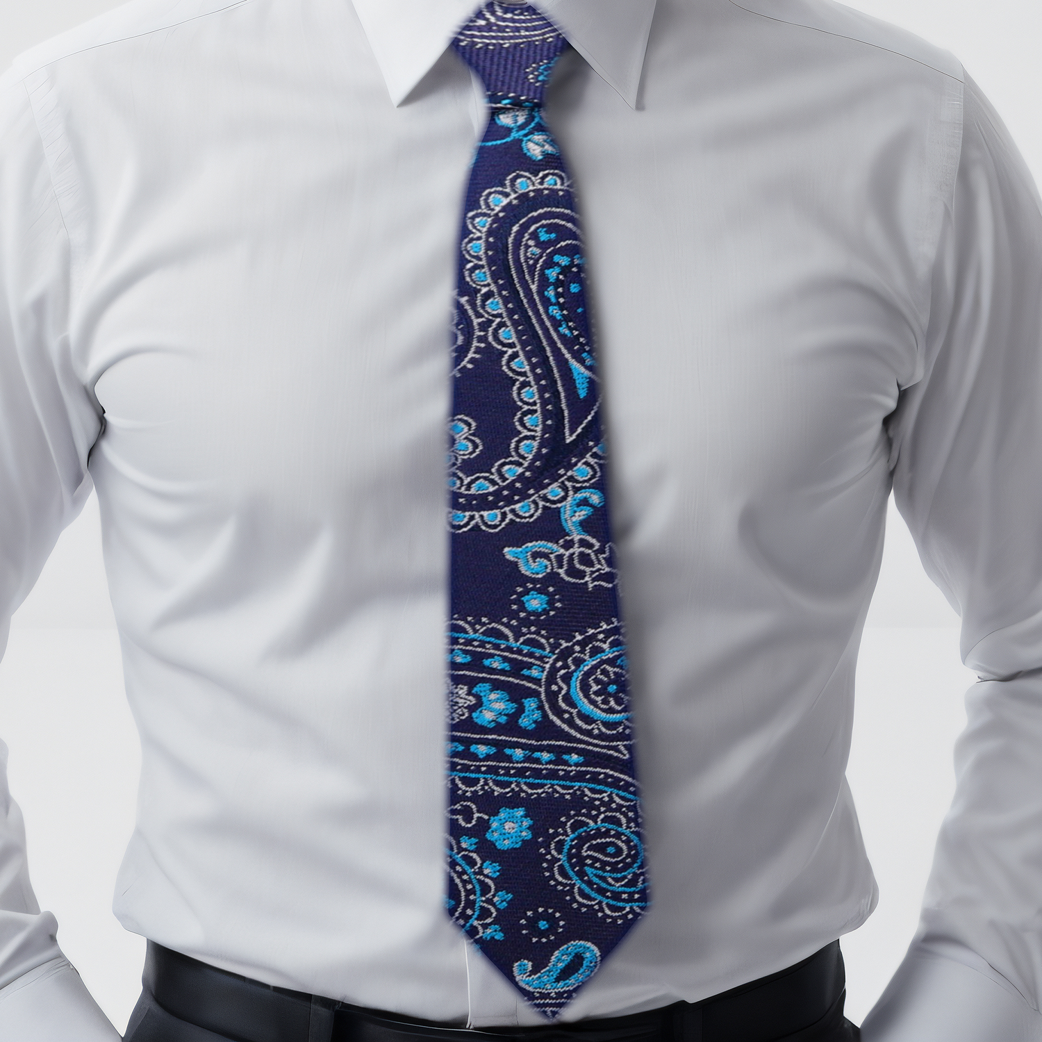 Shades of Blue Paisley Necktie on White Shirt