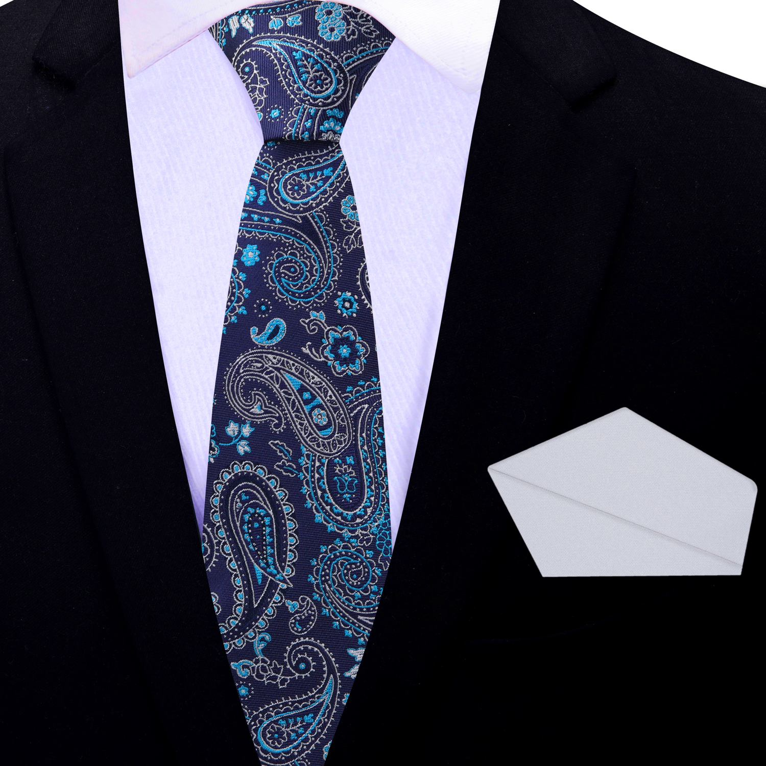 View 2 Shades of Blue Paisley Necktie and Light Grey Square