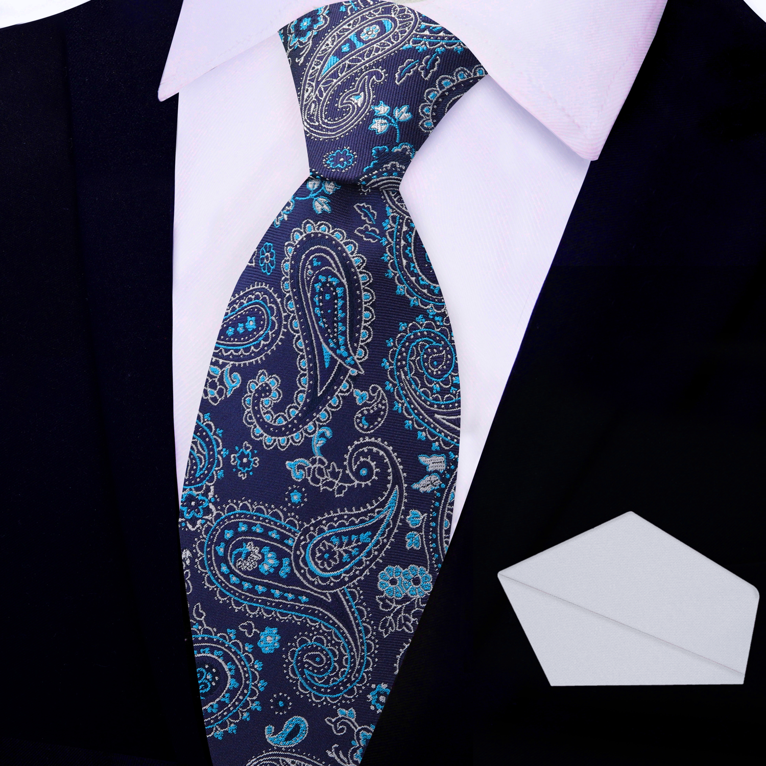 View 3: Shades of Blue Paisley Necktie and Light Grey Square
