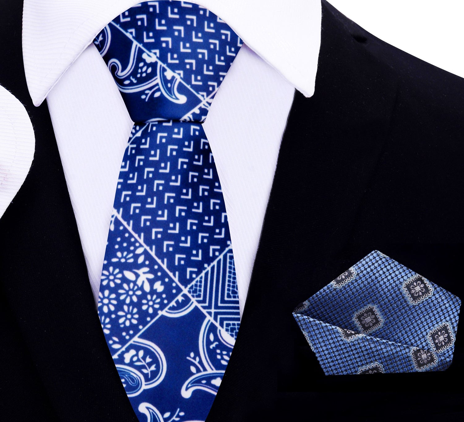 Thin Tie: Blue and White Paisley Tie with Blue Geometric Square