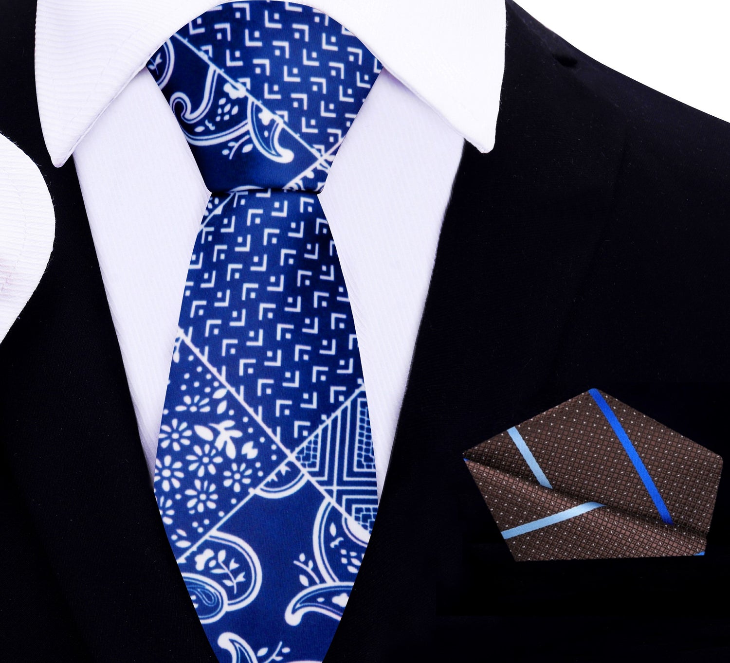 Thin Tie View: Blue and White Paisley Tie with Brown Stripe Square