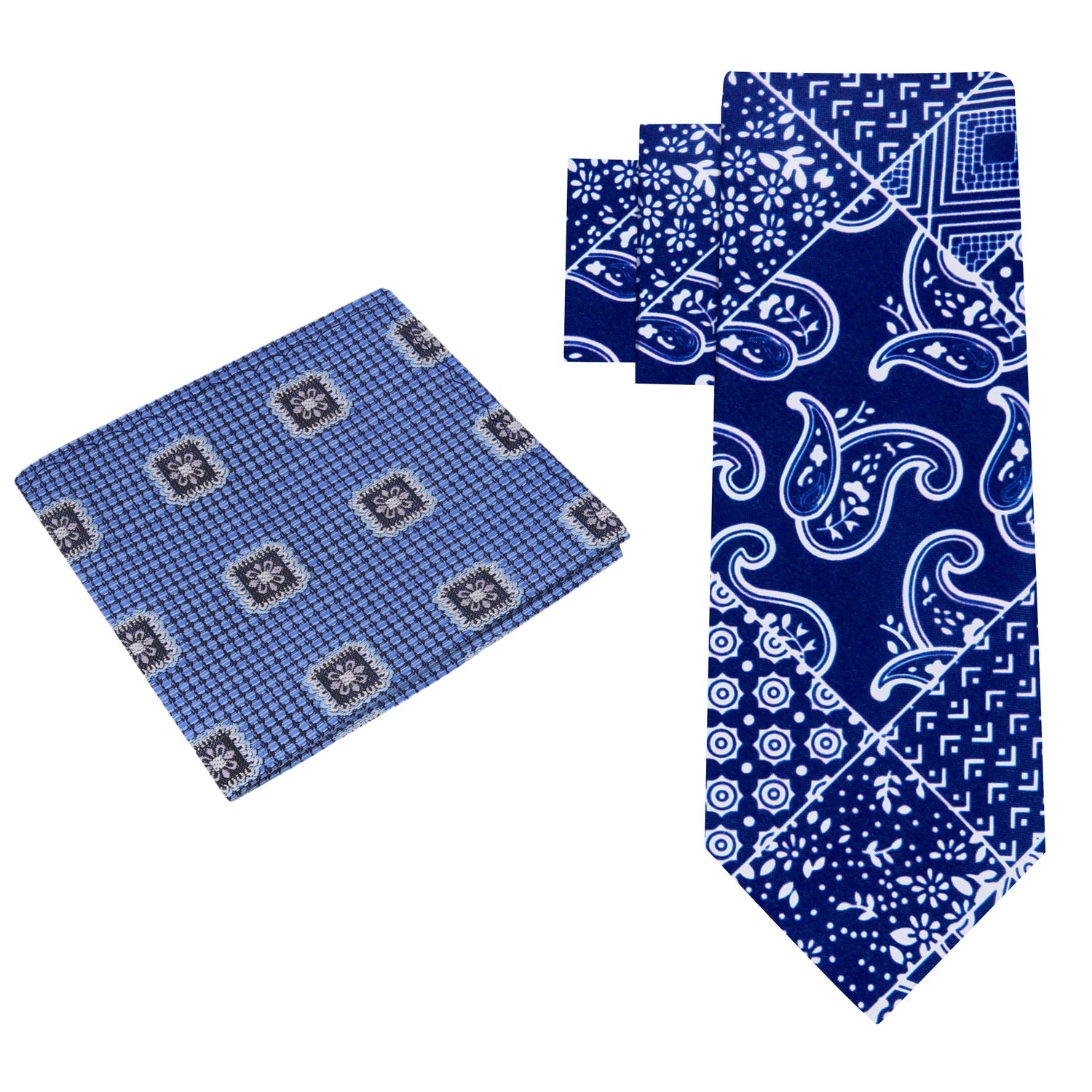 Alt View: Blue and White Paisley Tie with Blue Geometric Square