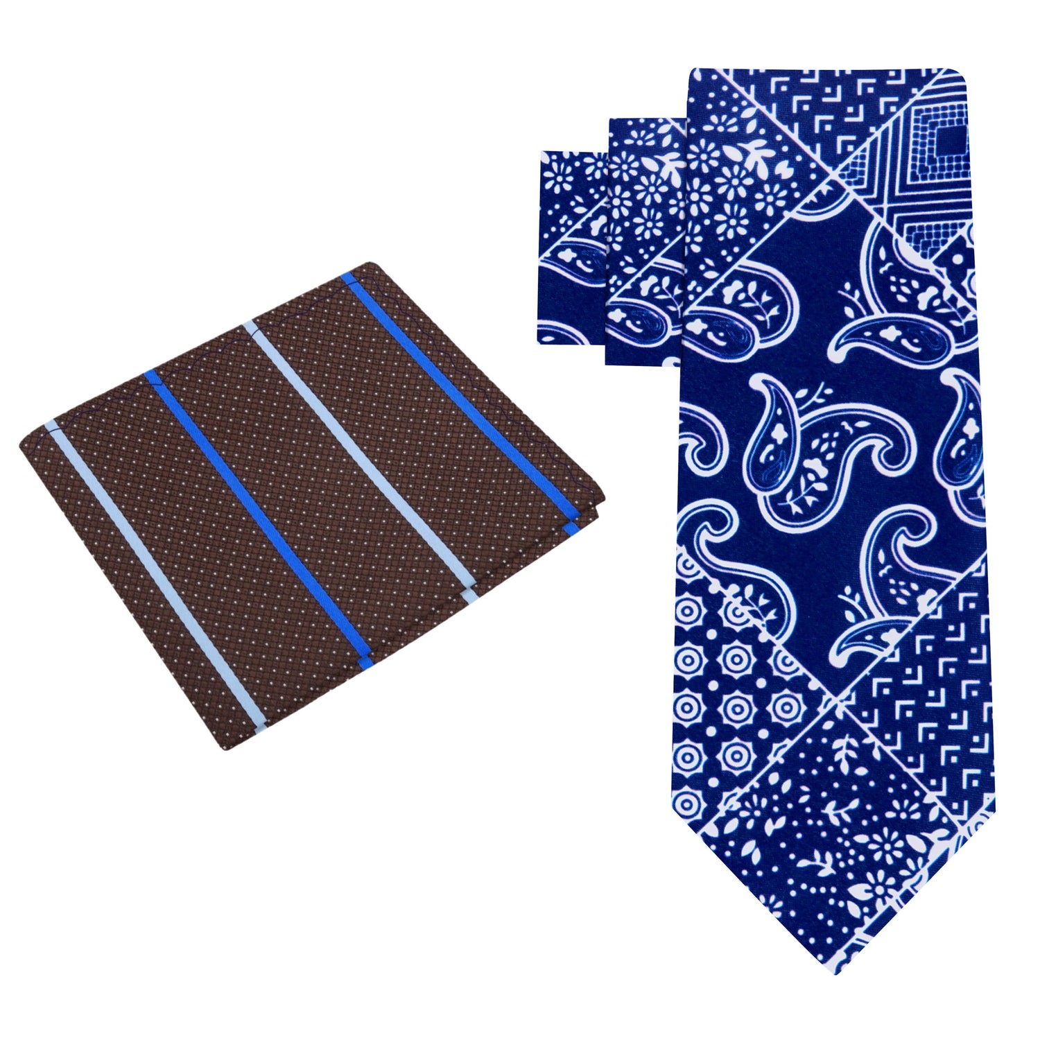 Alt View: Blue and White Paisley Tie with Brown Stripe Square