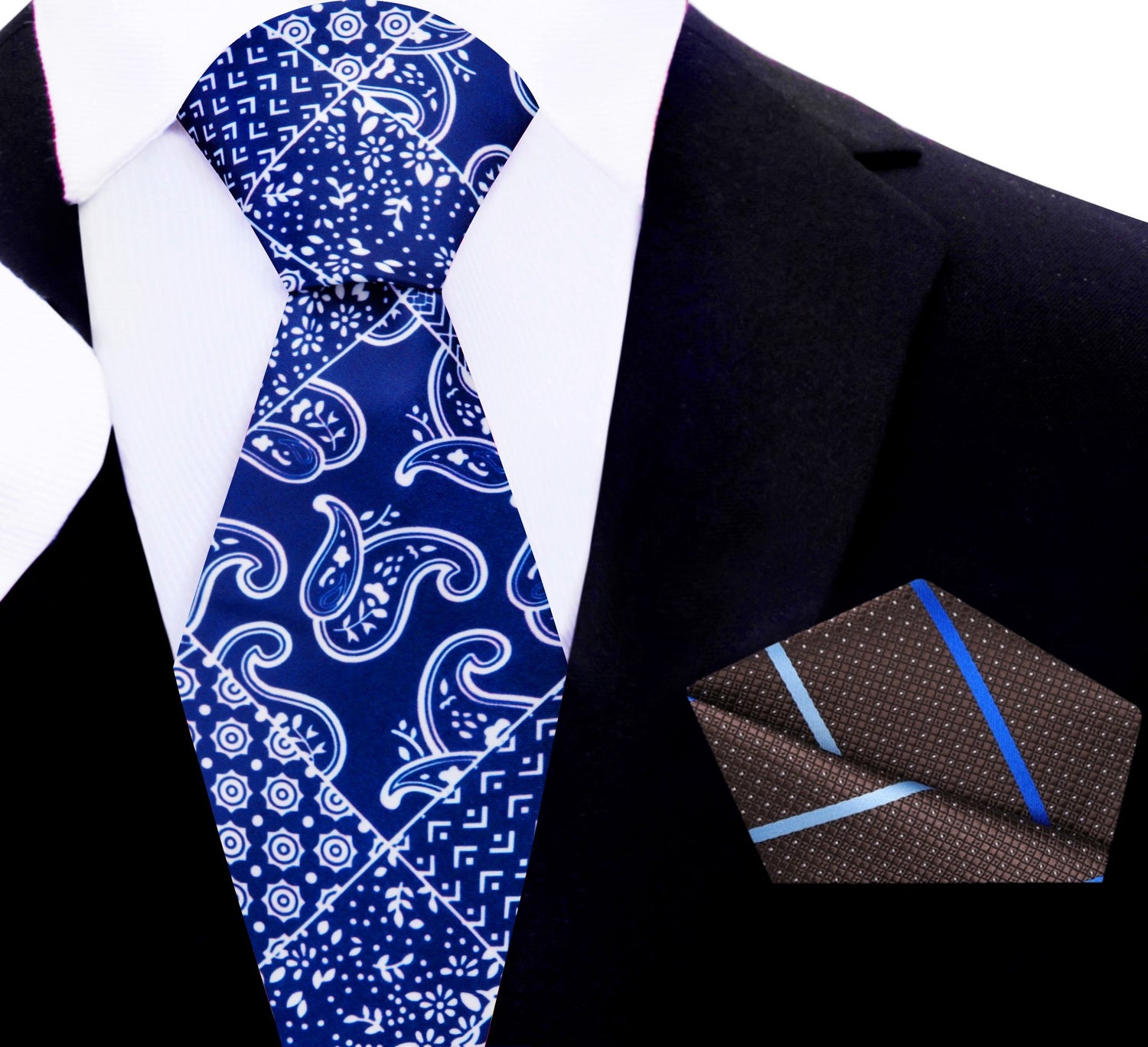 Blue and White Paisley Tie with Brown Stripe Square