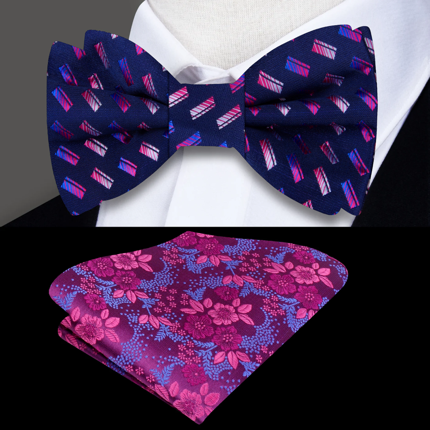 Blue, Pink Geometric Bow Tie and Floral Pocket Square