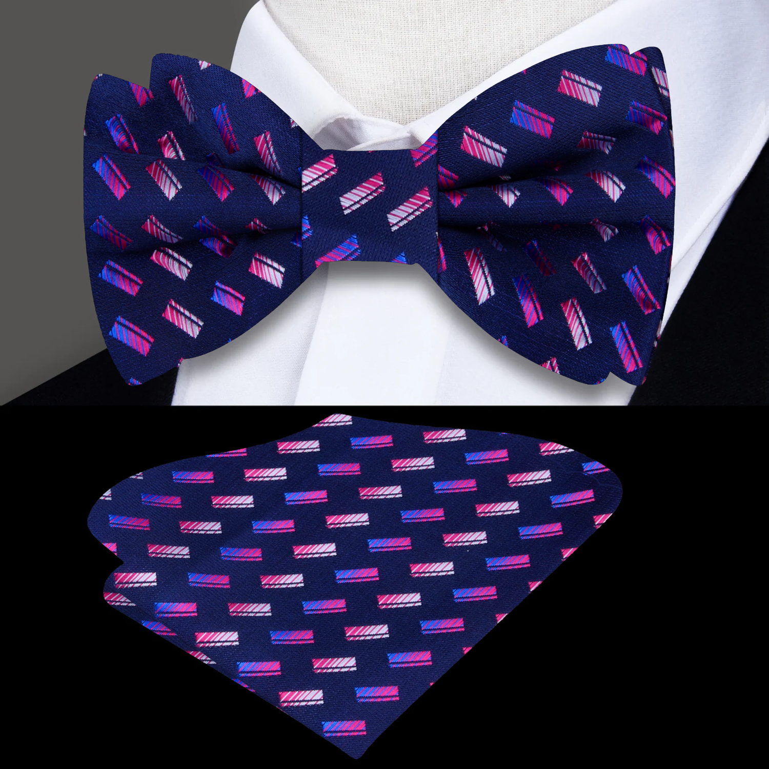 Blue, Pink Geometric Bow Tie and Pocket Square