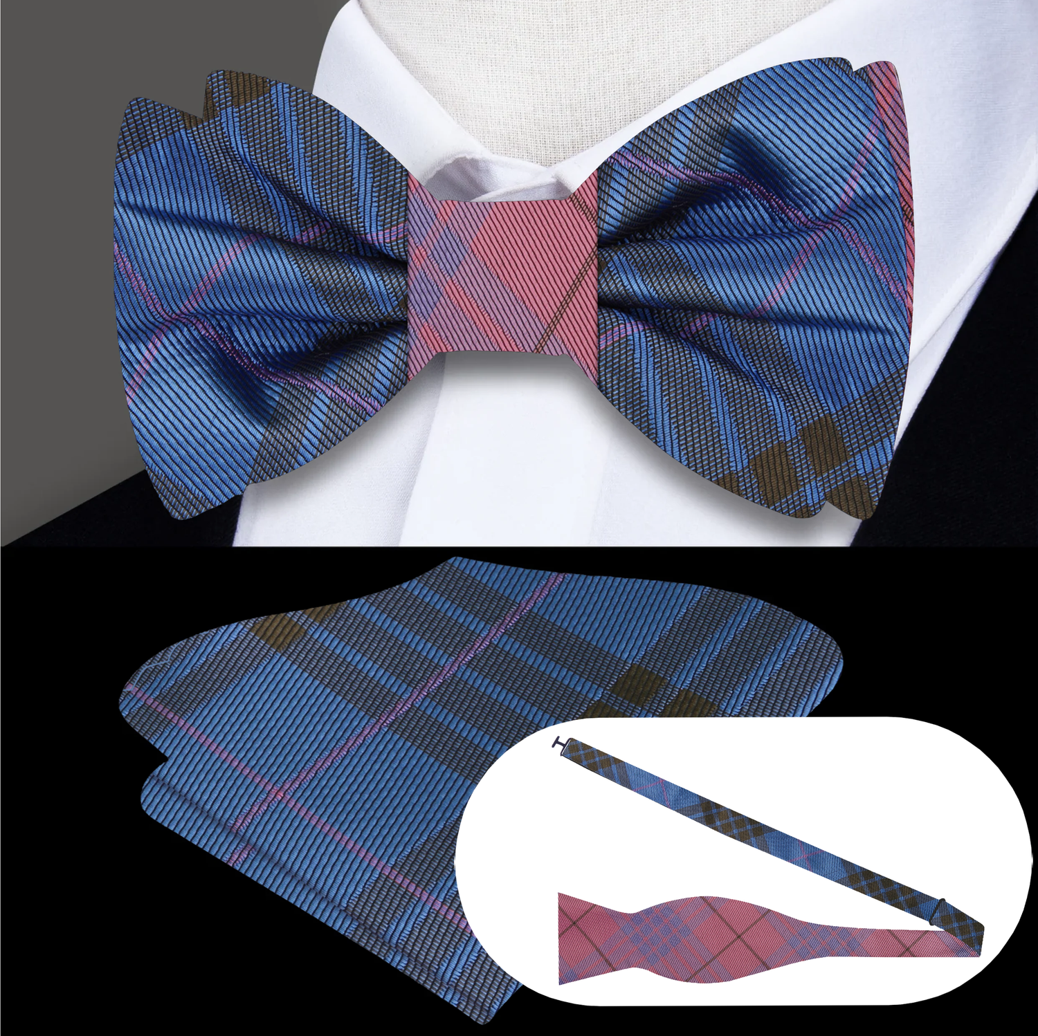 Blue, pink and brown double sided plaid bow tie and pocket square
