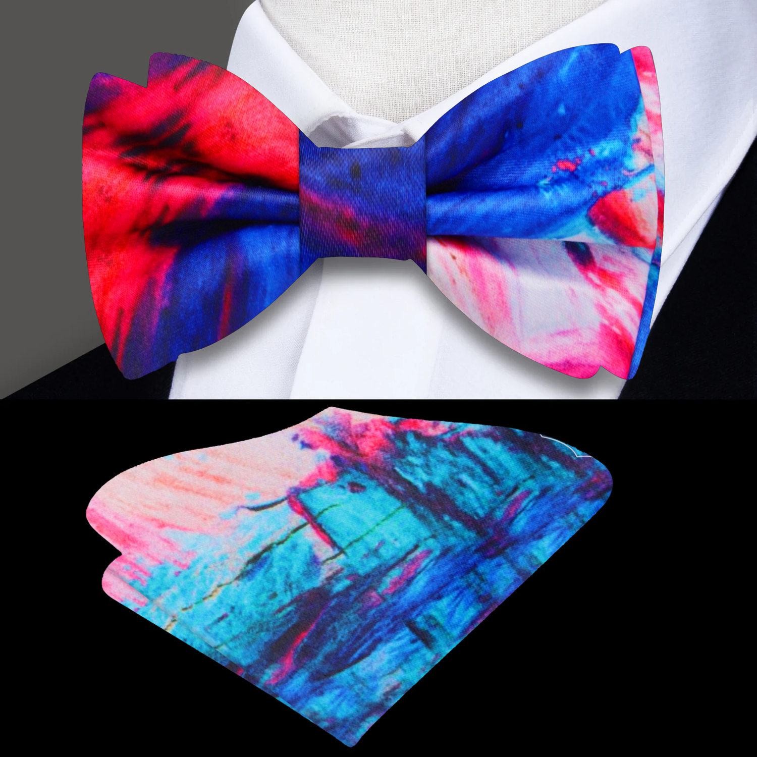 Red, Blue, Pink Abstract Bow Tie and Pocket Square||Red, Blue, Pink