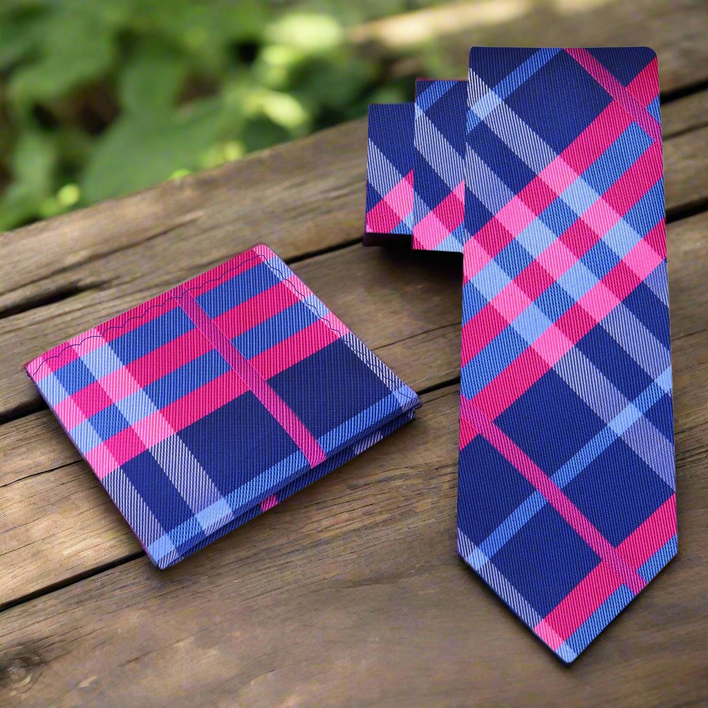 View 2: Blue Pink Plaid Tie and Square