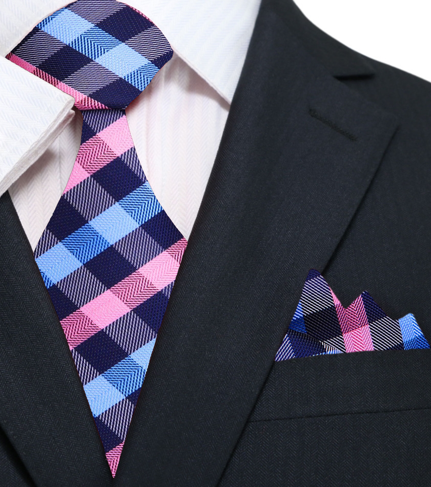 A Pink, Blue Small Geometric Checker Pattern Silk Necktie, With Matching Pocket Square