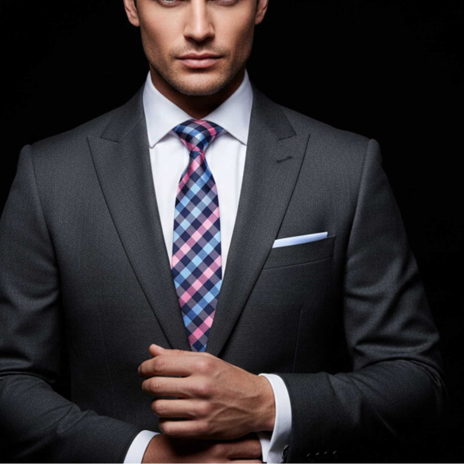 Man wearing a gray suit with a plaid tie against a black background