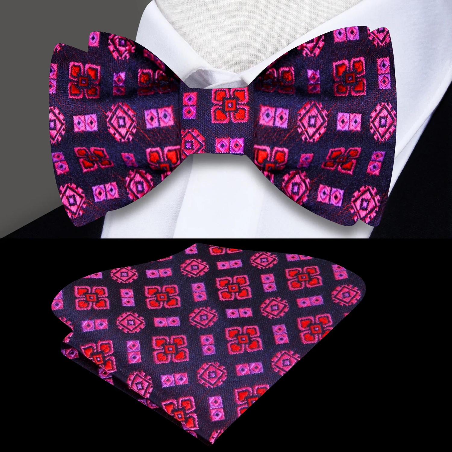 A Pink Geometric Shapes Pattern Silk Self Tie Bow Tie, Matching Pocket Square
