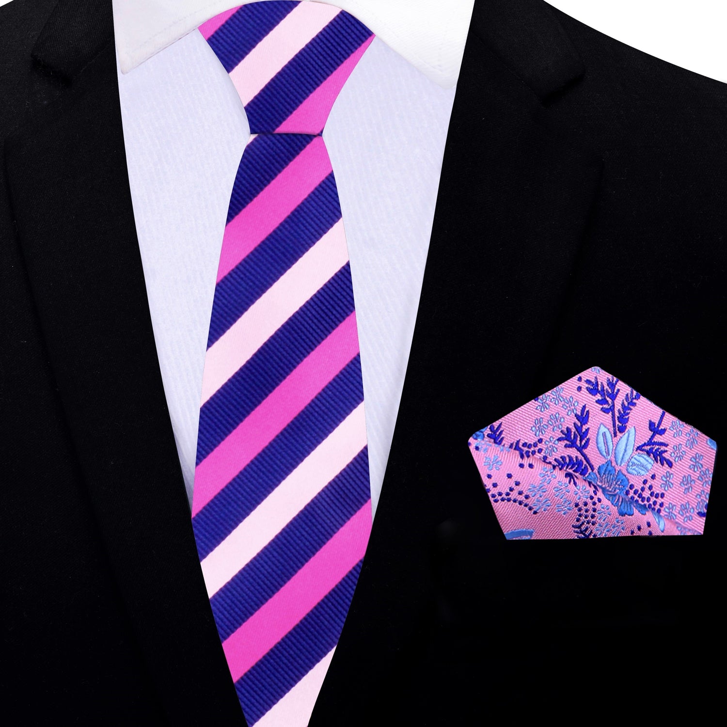 Thin Tie: Blue with Shades of Pink Stripe Necktie and Pink Blue Floral Square