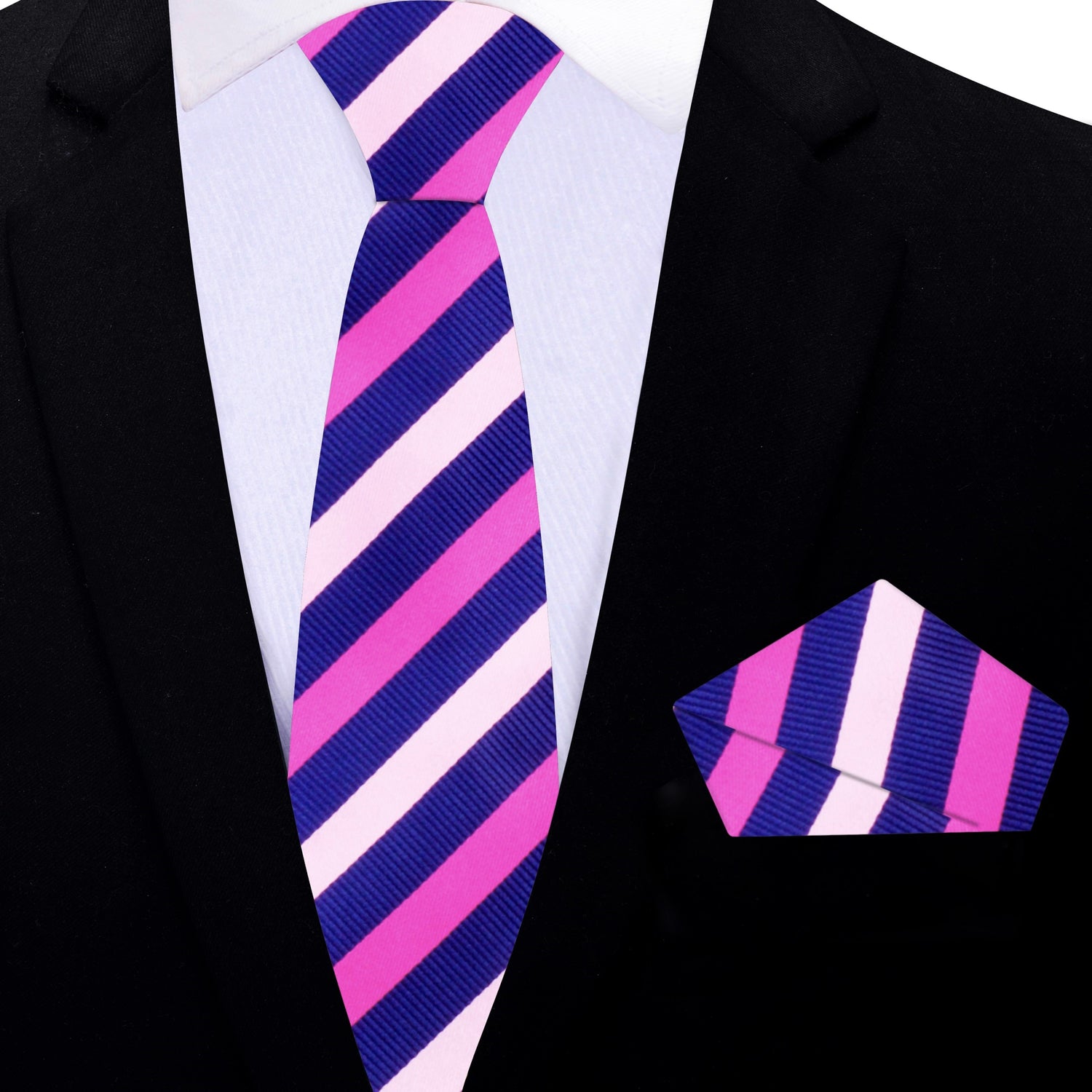 Thin Tie: Blue with Shades of Pink Stripe Necktie and Matching Square