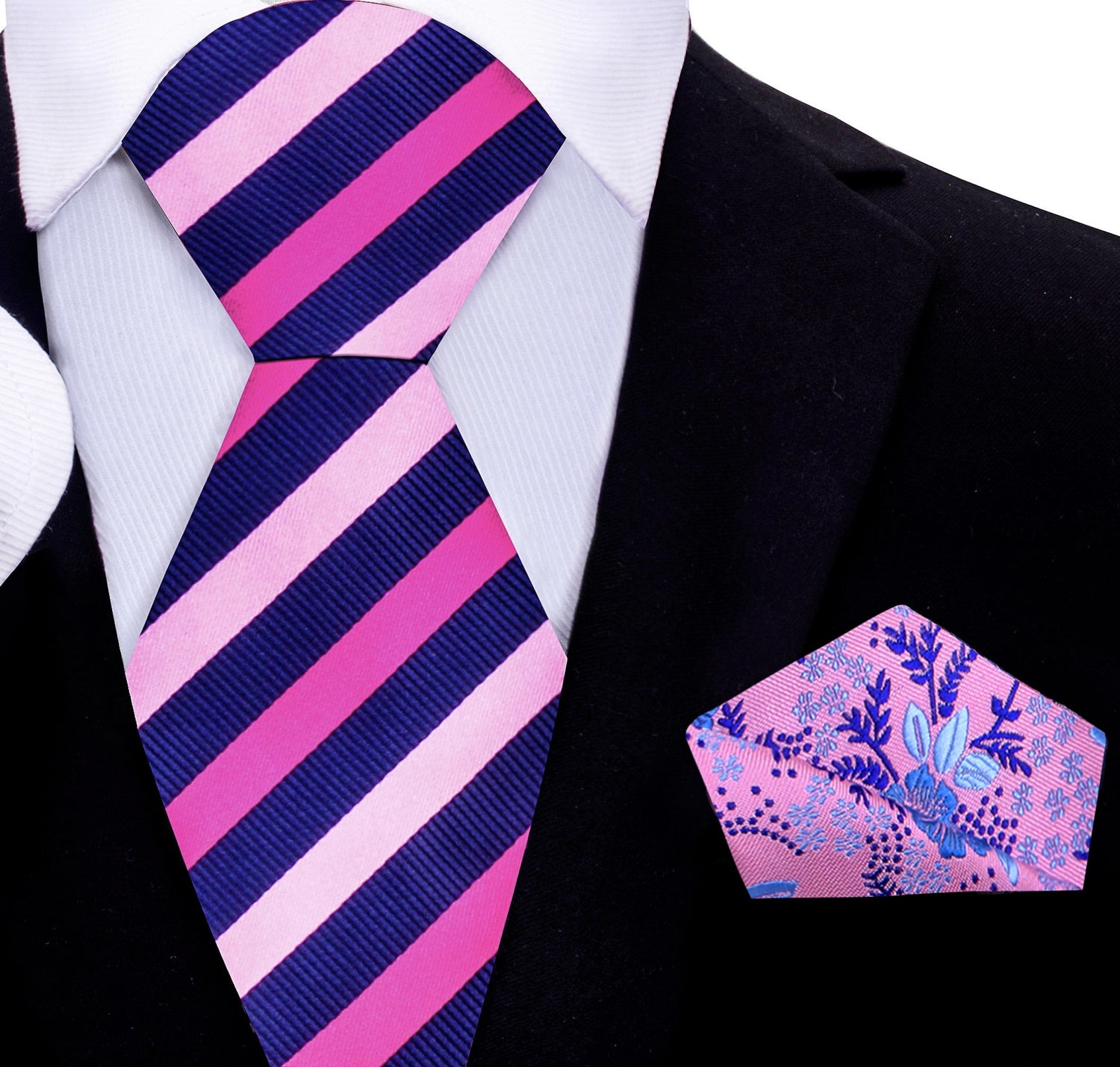 Blue with Shades of Pink Stripe Necktie and Pink Blue Floral Square