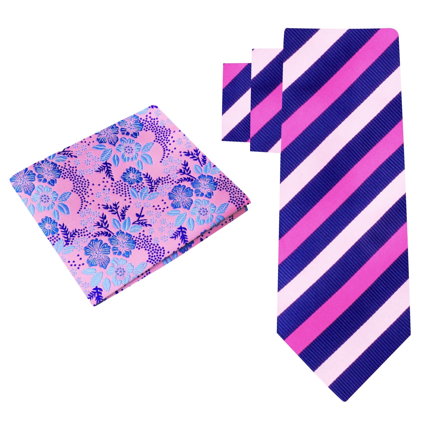 Alt View: Blue with Shades of Pink Stripe Necktie and Pink Blue Floral Square