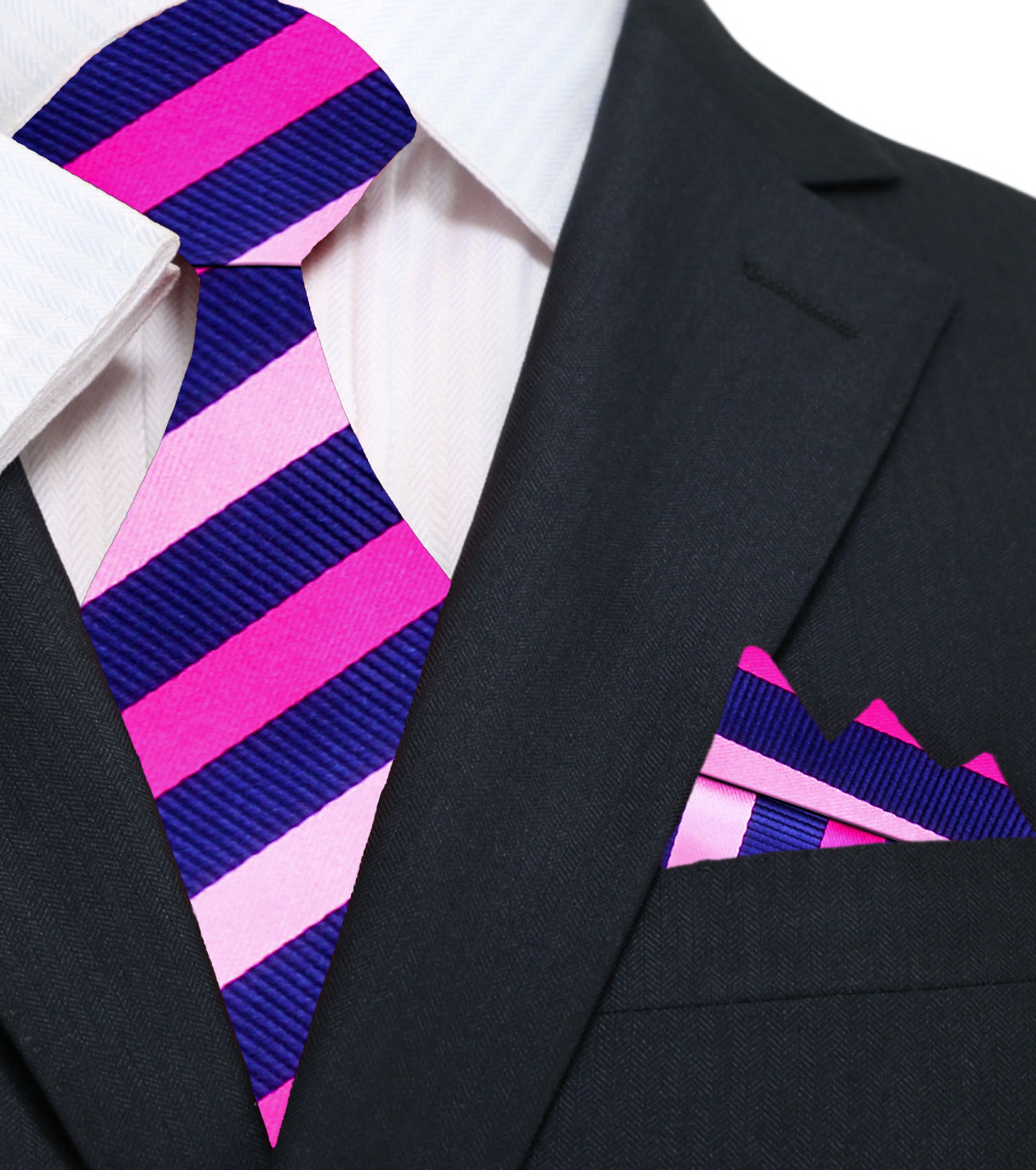 Main: Blue and Pink Stripe Tie and Pocket Square||Pink, Dark Blue