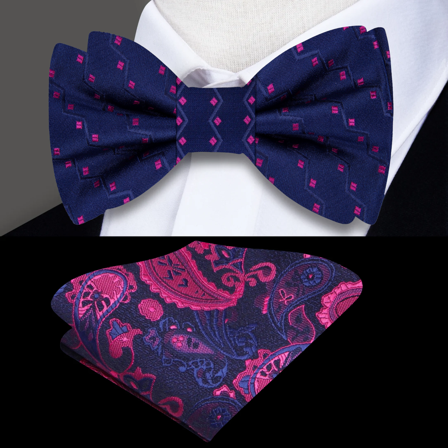 Blue and Pink Geometric Bow Tie and Accenting Blue Pink Paisley Pocket Square