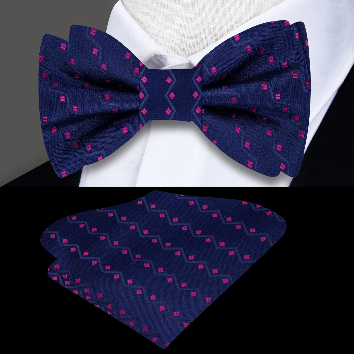 Blue and Pink Geometric Bow Tie and Pocket Square