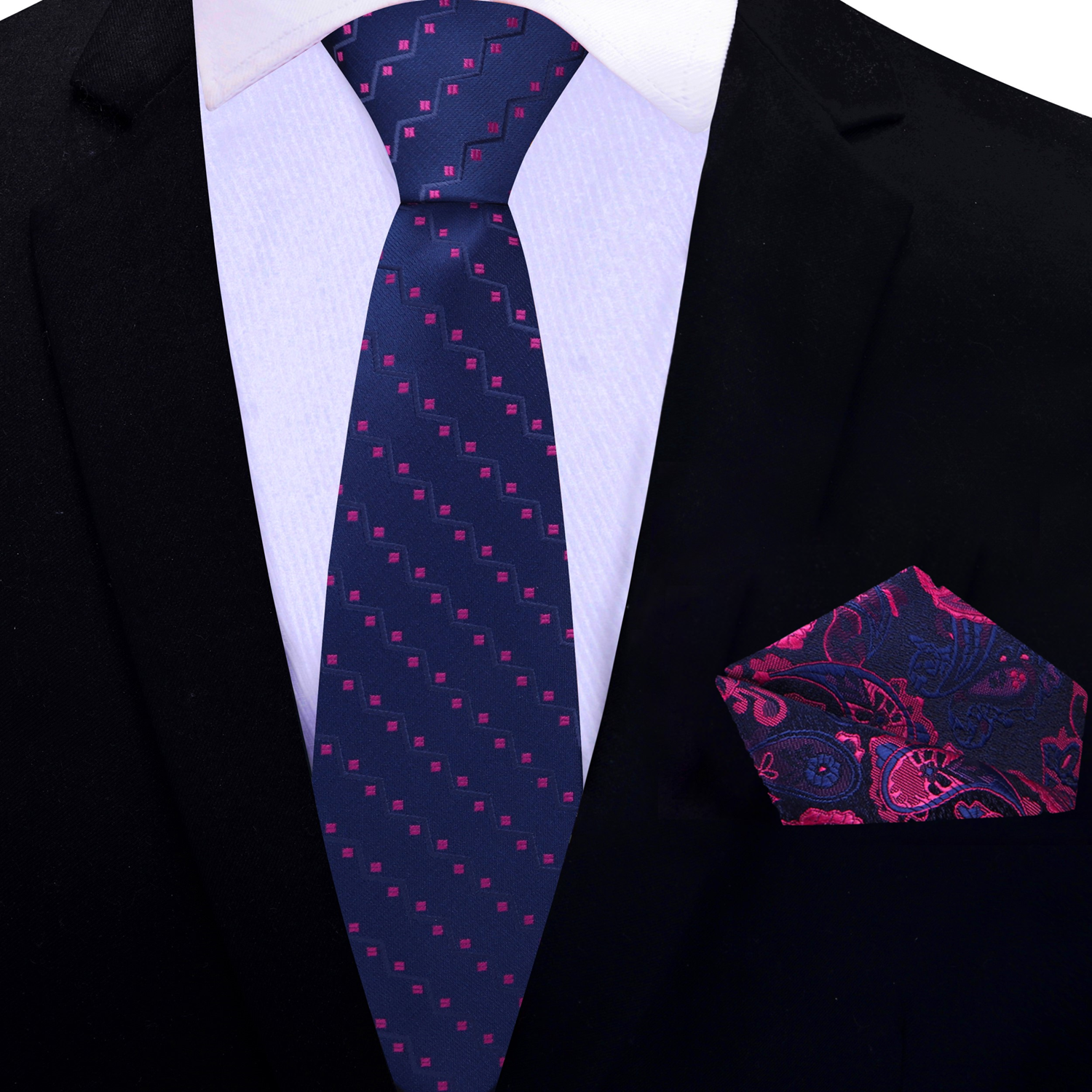 Thin Blue and Pink Dots and lines Necktie and Accenting Blue Pink Paisley Square