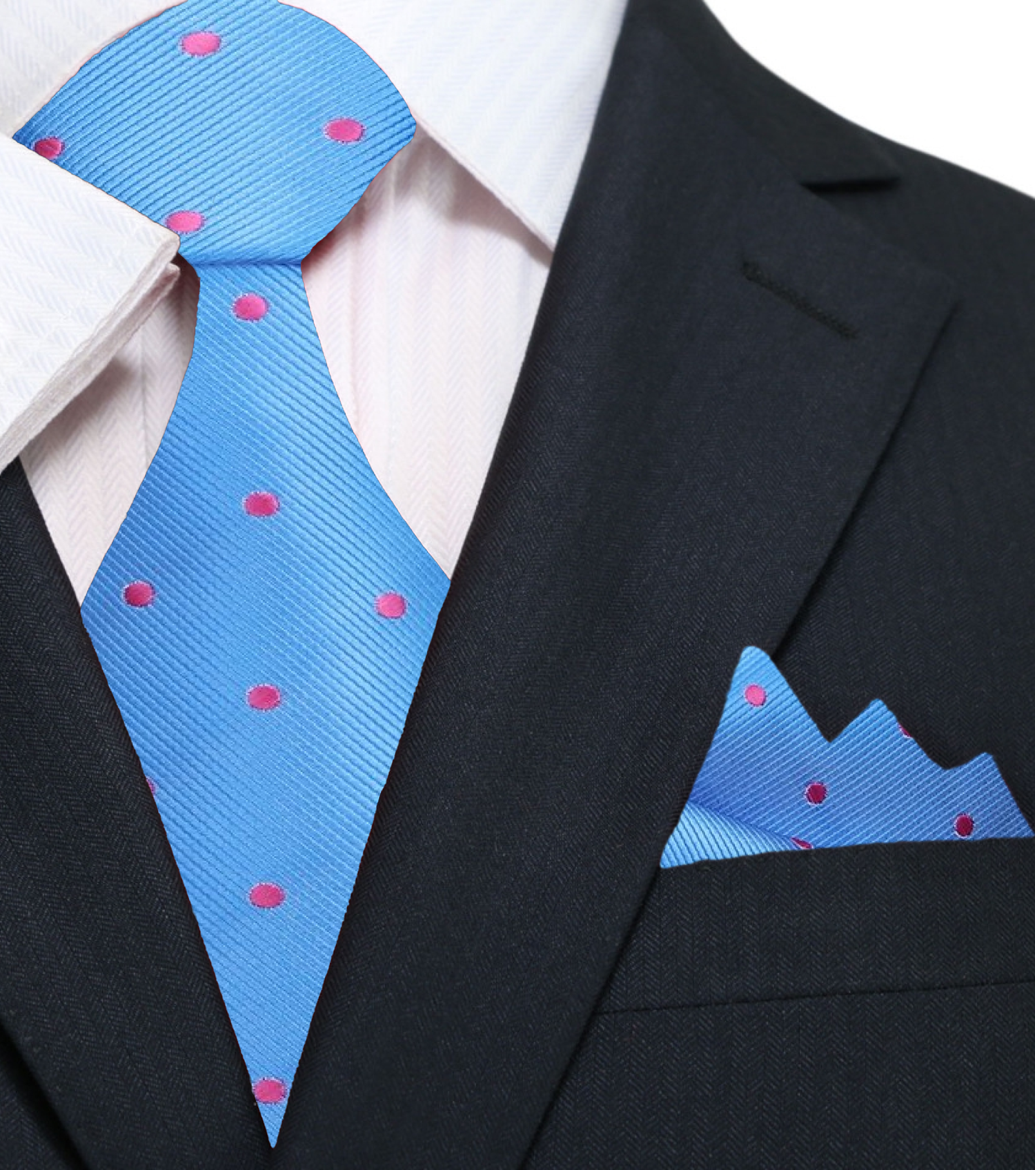  Light Blue, Pink Small Polka Dots Pattern Silk Necktie, Matching Pocket Square