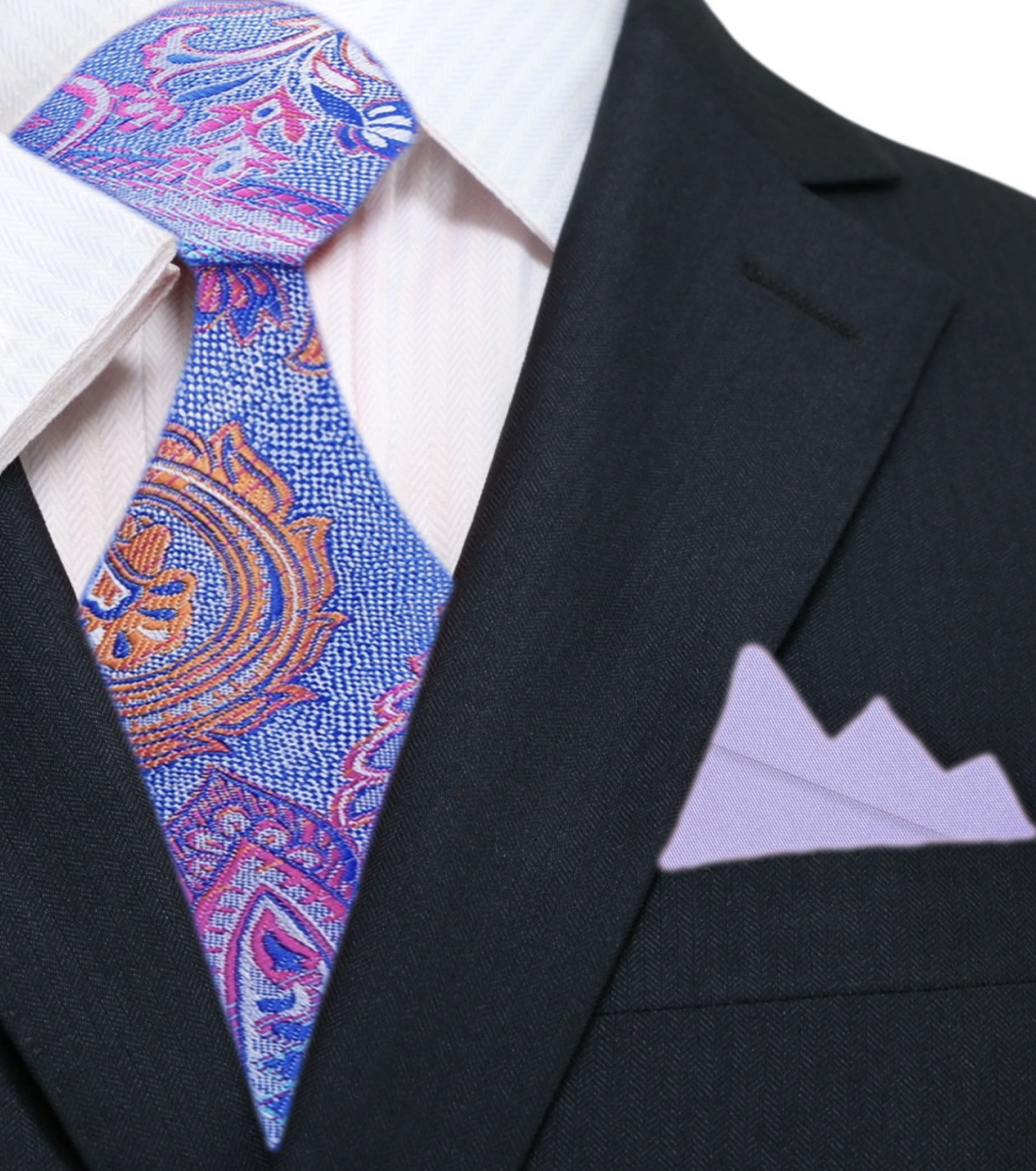 Main View: Blue, Pink Orange Paisley Silk Tie and Accenting Light Purple Pocket Square