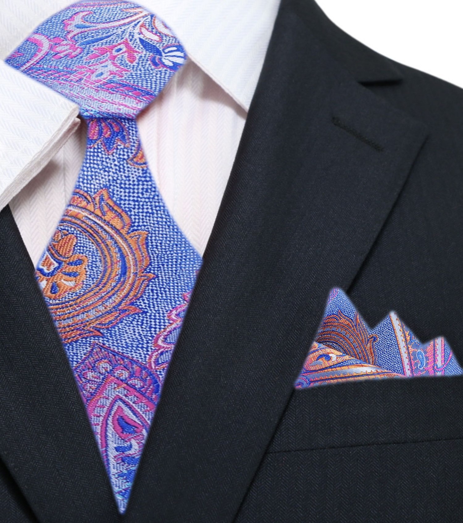 Main View: Blue, Pink Orange Paisley Silk Tie and Accenting Pocket Square