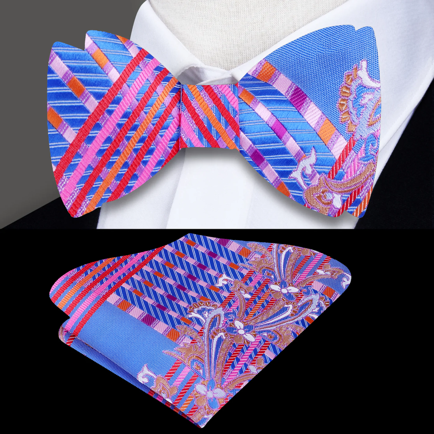 A Blue, Pink Abstract Intricate Floral and Paisley Pattern Silk Self Tie Bow Tie, Matching Pocket Square