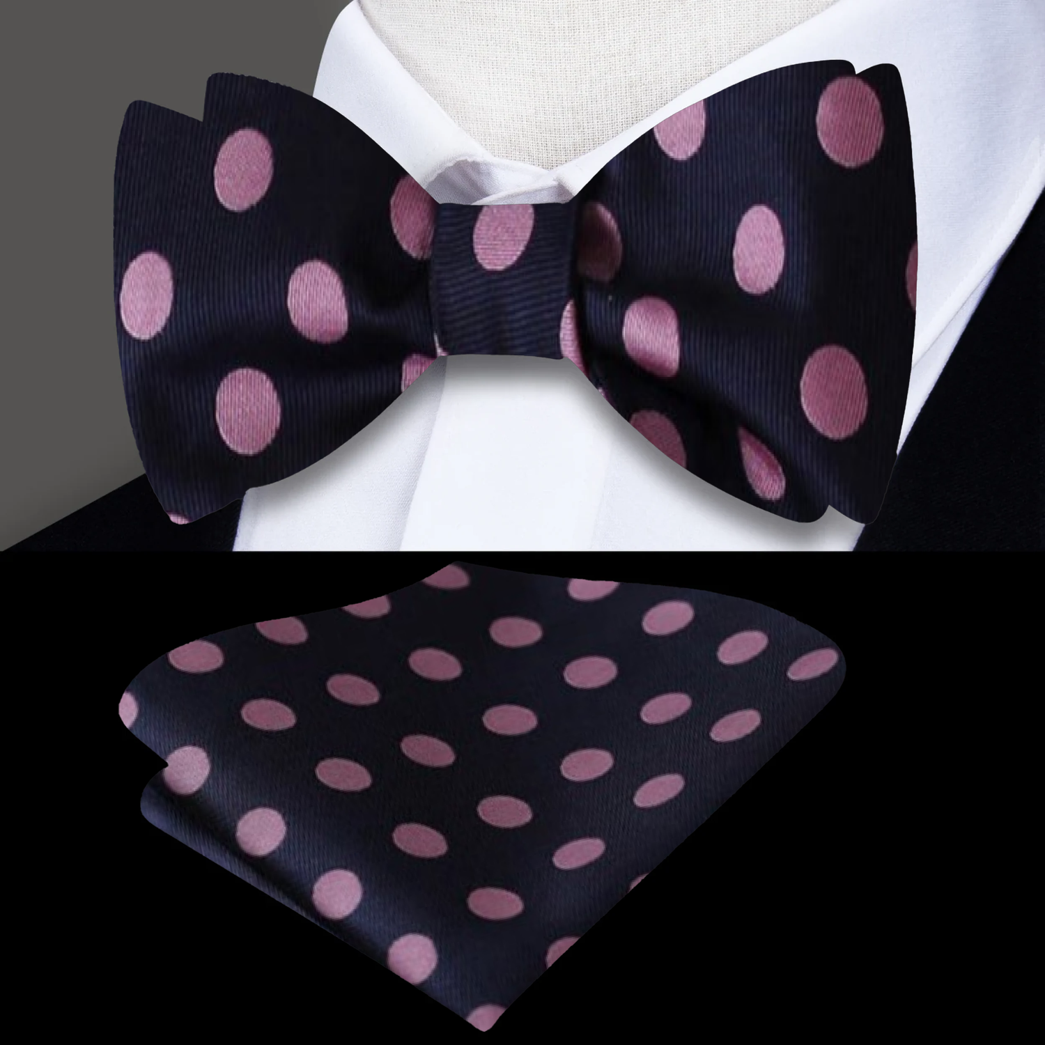 A Blue, Pink Polka Pattern Silk Self Tie Bow Tie Bow Tie, Matching Pocket Square