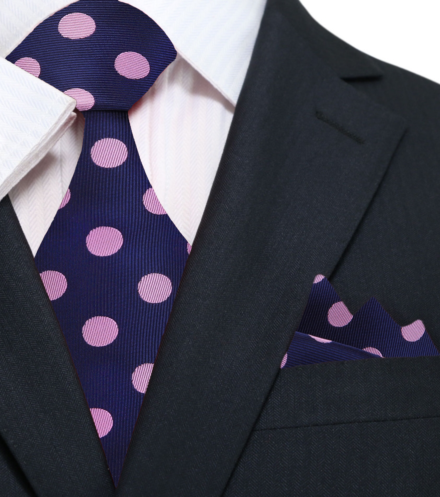 Main: A Dark Blue, Pink Dot Pattern Silk Necktie, Matching Pocket Square