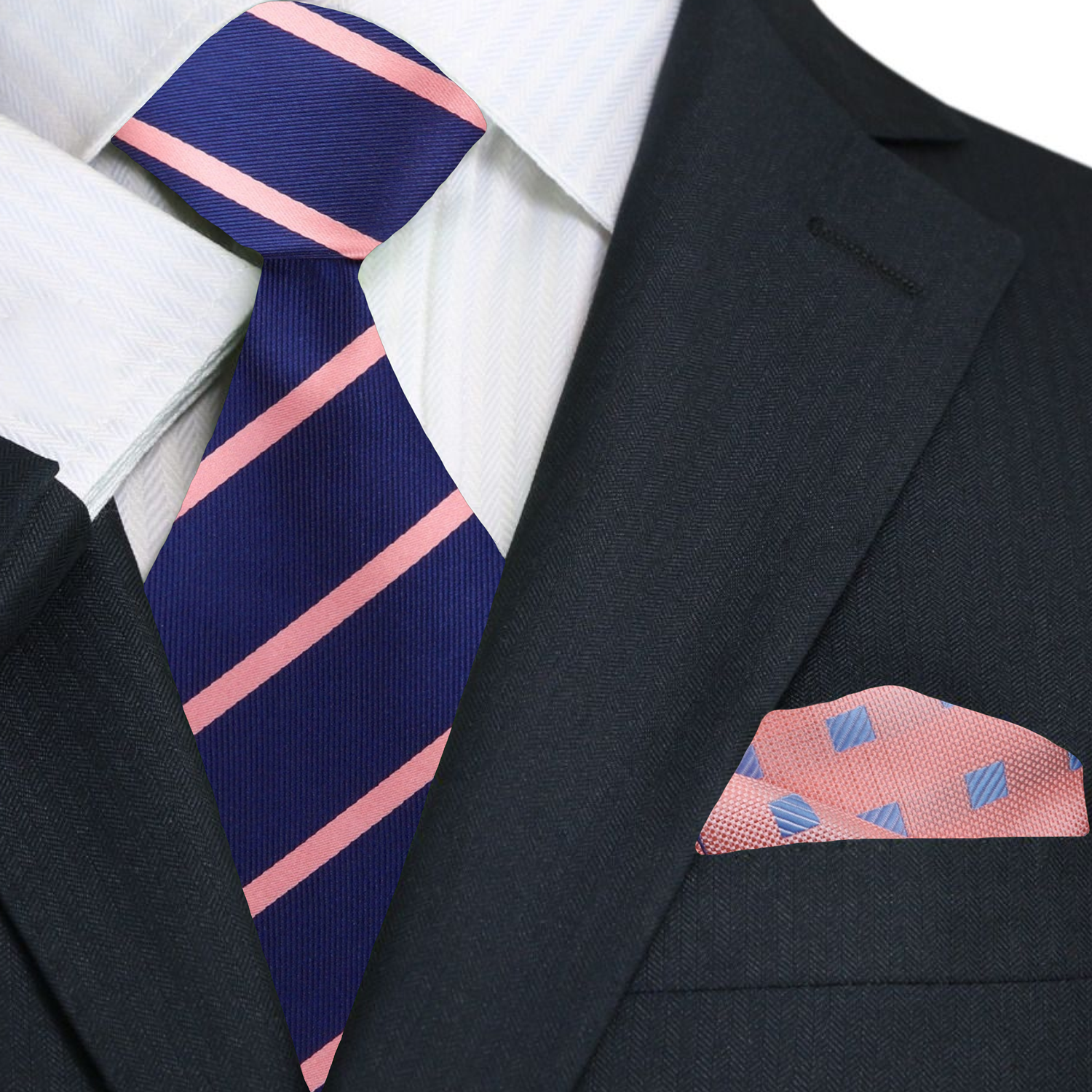 Navy Blue & Blush Pink Striped Necktie | Classic Refined Dress Style Necktie & Accenting Square / XL (63") / 3.25" Inches
