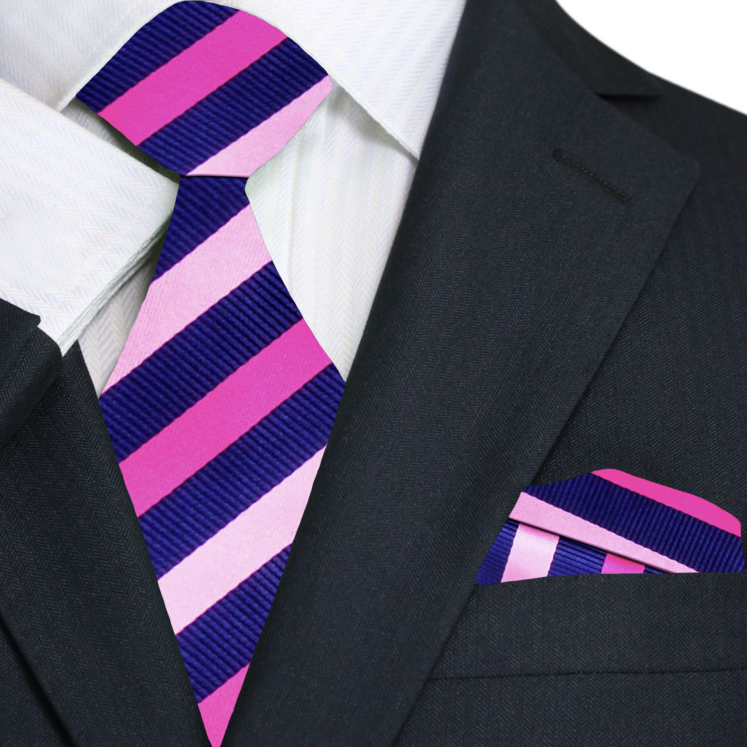 Black suit with a pink and blue striped tie and matching pocket square.