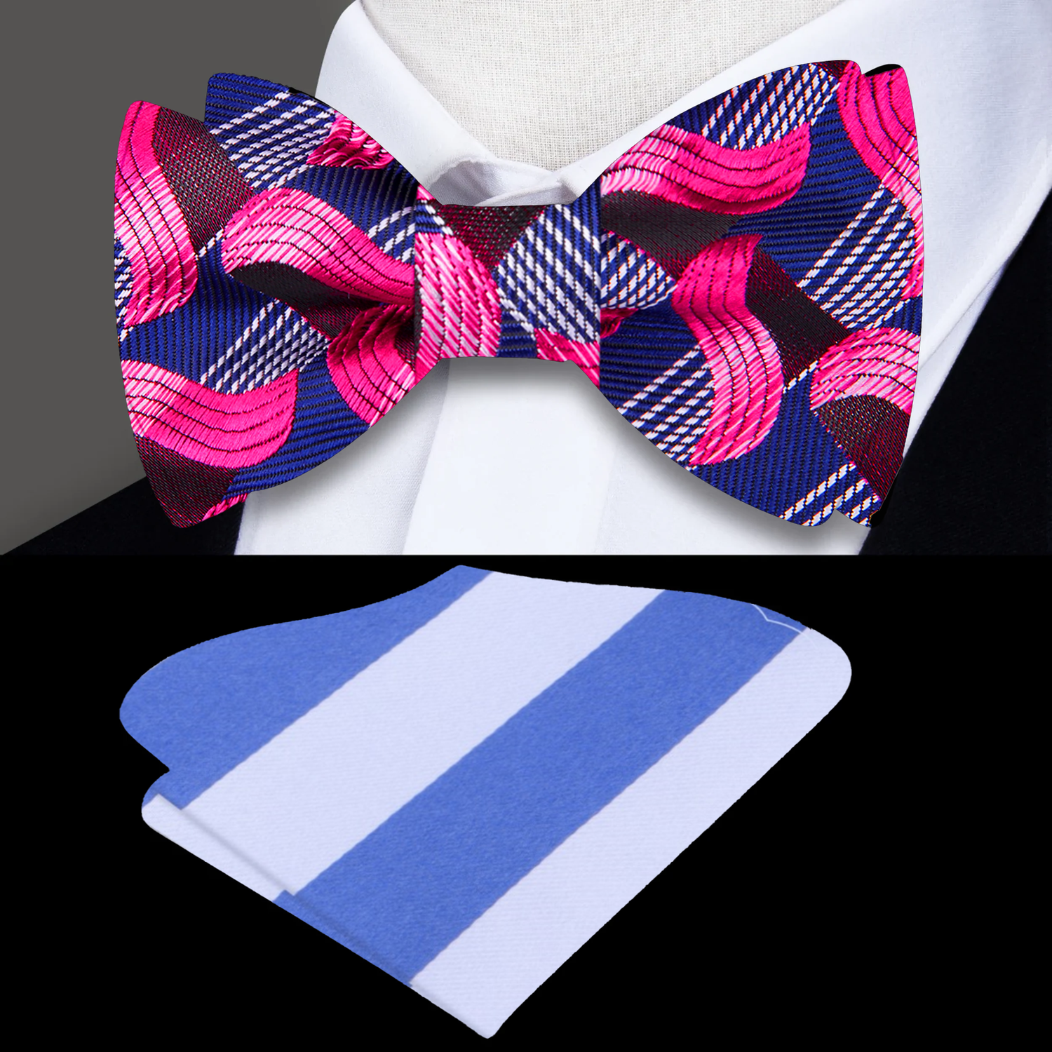 A Blue, Pink Abstract Waves Pattern Silk Self Tie Bow Tie, Accenting Stripe Pocket Square 