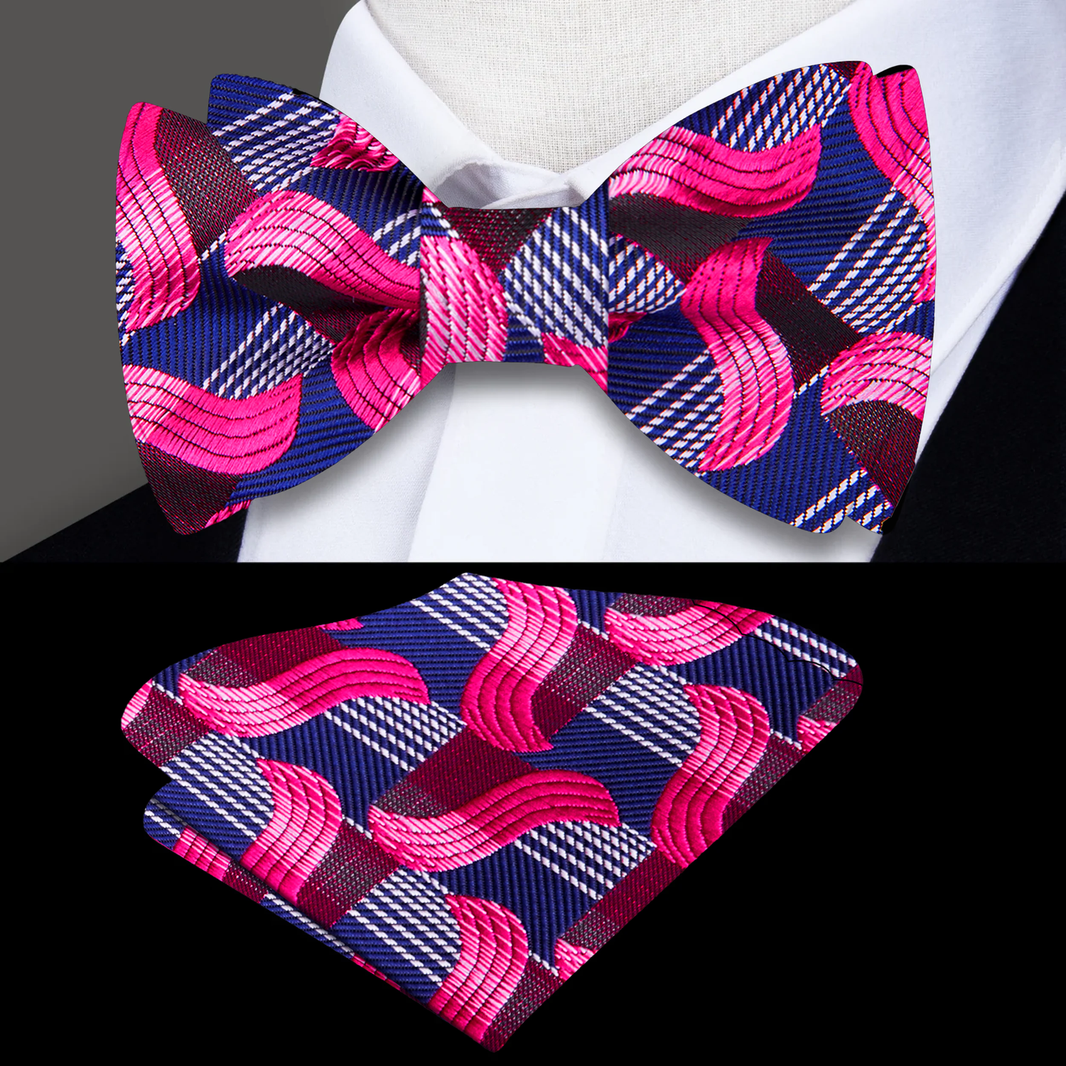 A Blue, Pink Abstract Waves Pattern Silk Self Tie Bow Tie, Matching Pocket Square