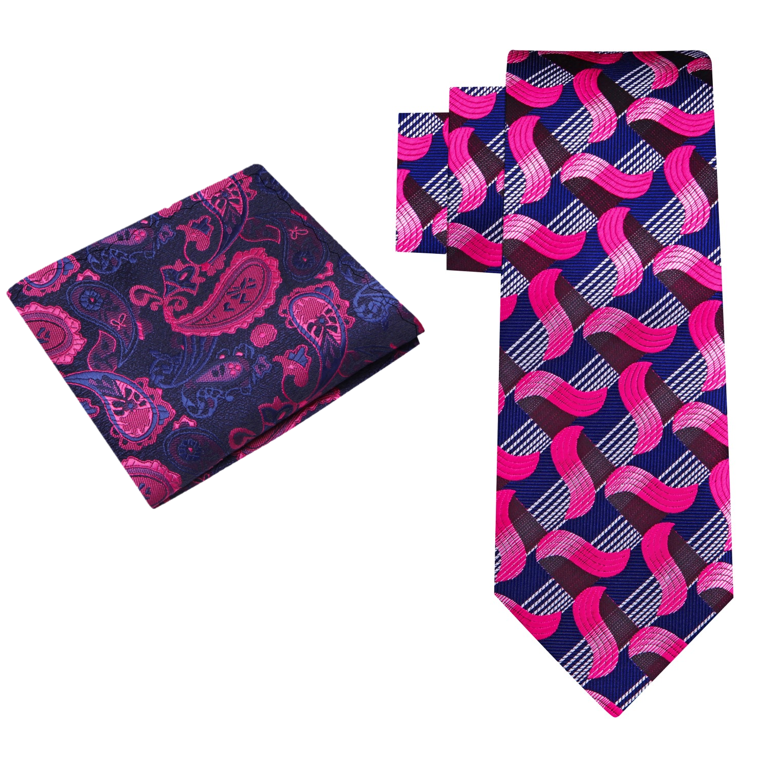 View 2: Pink, Blue abstract Waves Necktie and Accenting Square