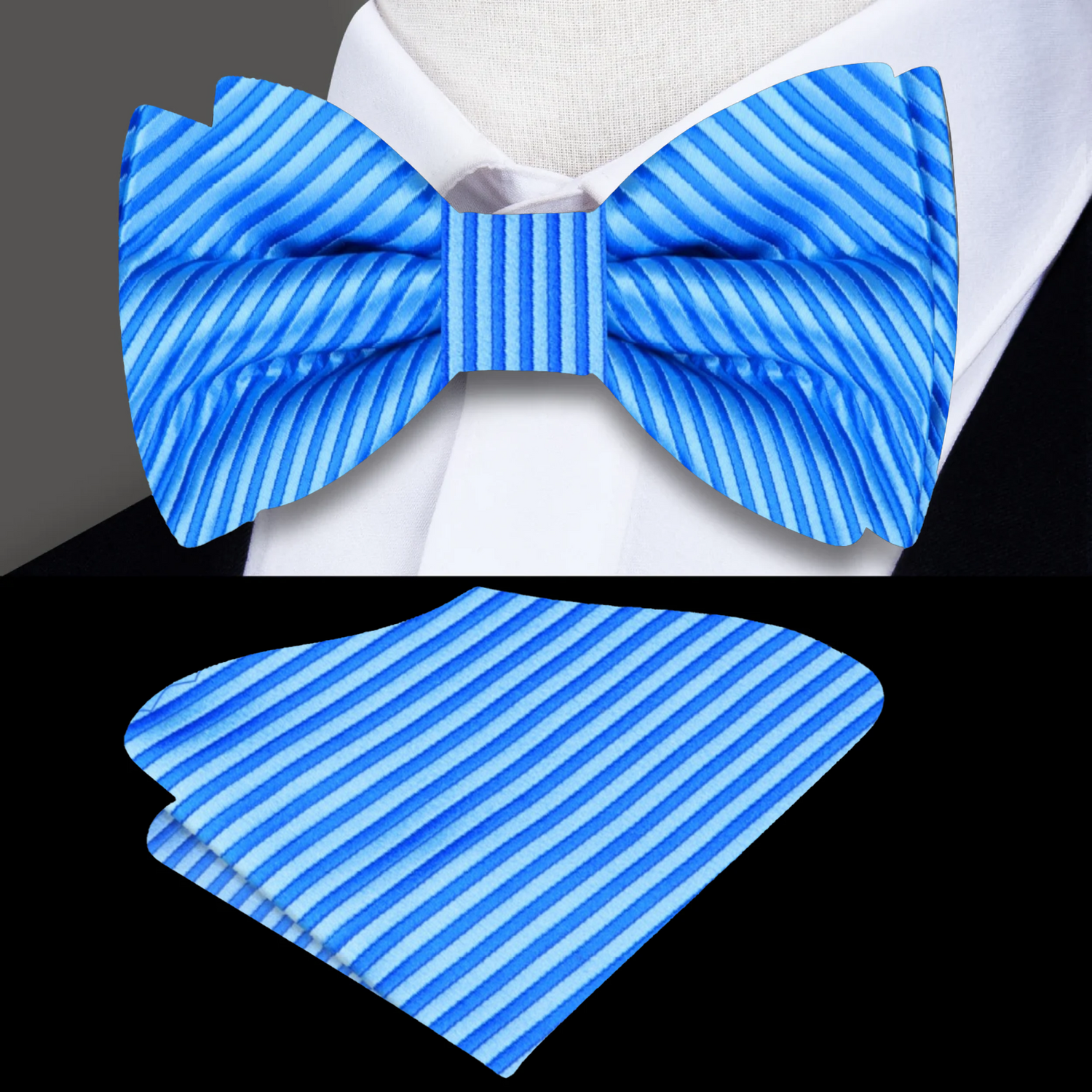Blue, Light Blue Main: Pinstripe Bow Tie and Pocket Square