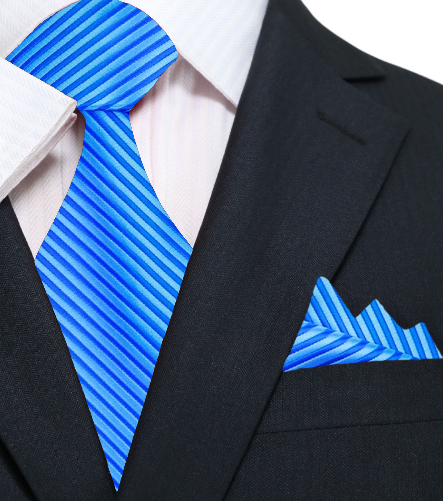 A Blue, Dark Blue Pinstripe Pattern Silk Necktie, Matching Pocket Square