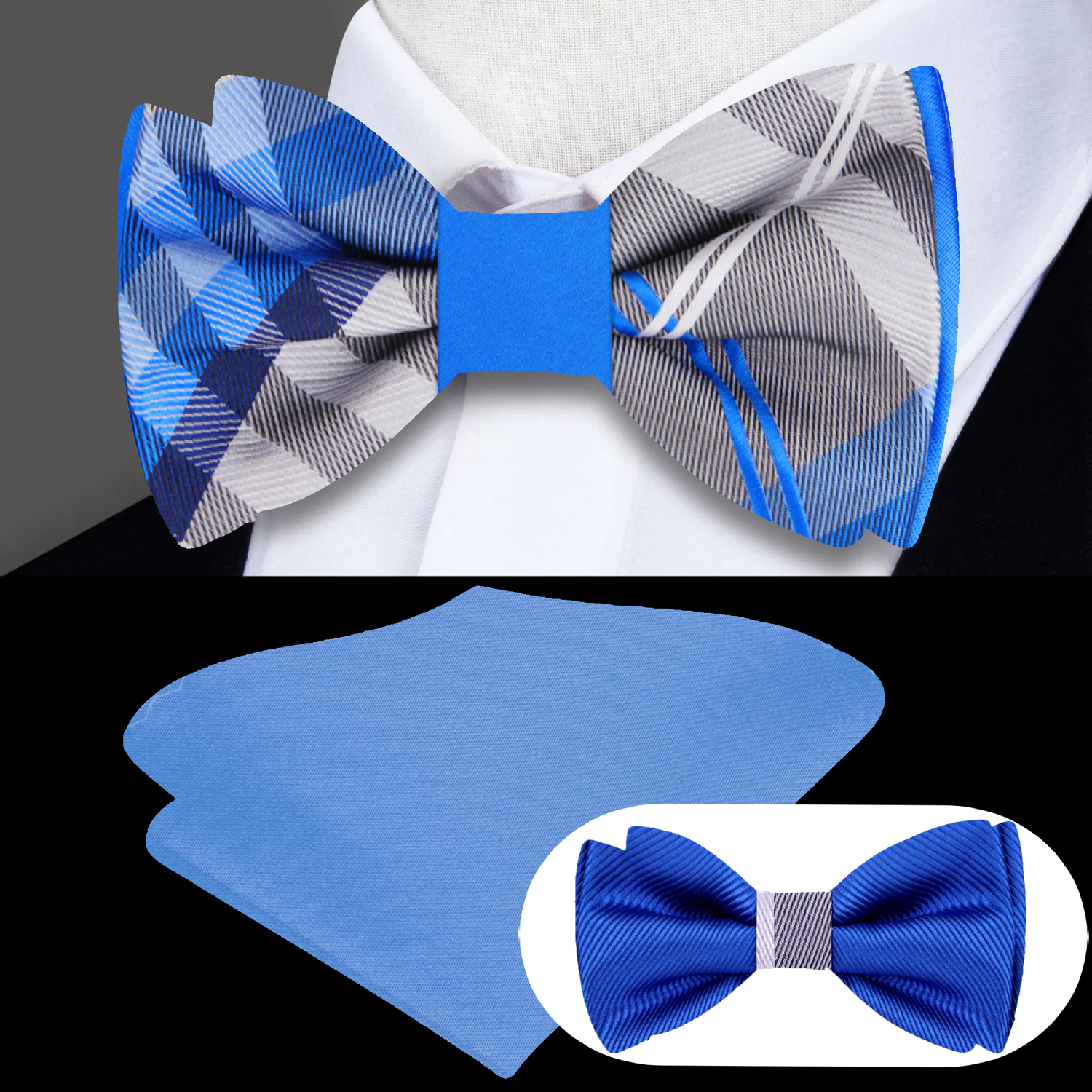 Double Sided Blue and Grey Plaid and Solid Bow Tie