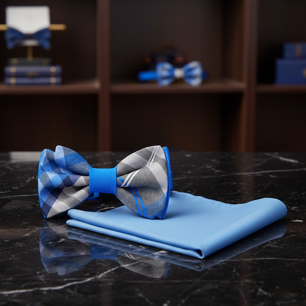 A men's formal accessory set featuring a blue and gray plaid bow tie with a bright blue center band, displayed on a folded light blue pocket square. The set is arranged on a black marble surface with a blurred dark wood shelf background containing matching blue accessories.
