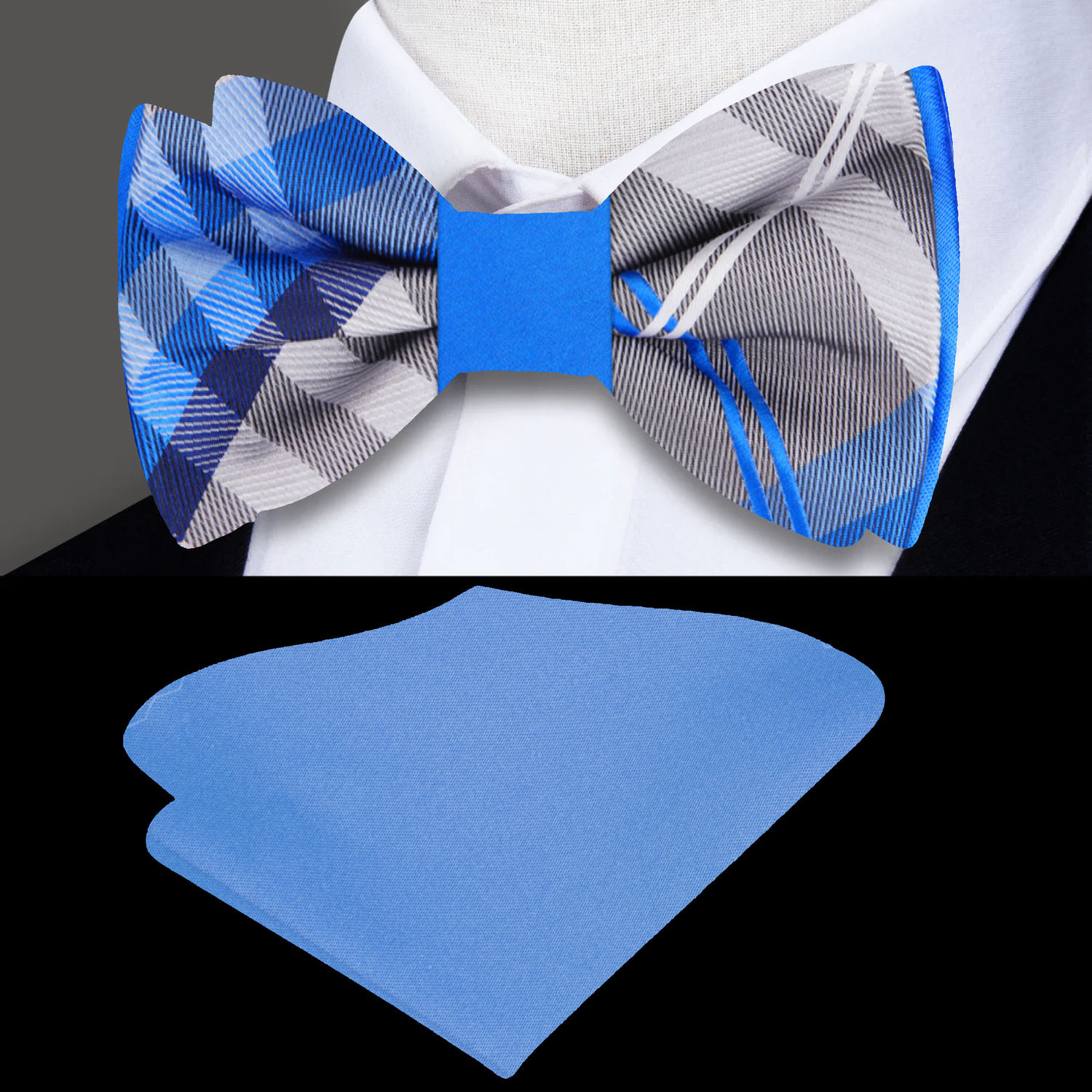 View 3: Double Sided Blue and Grey Plaid and Solid Bow Tie