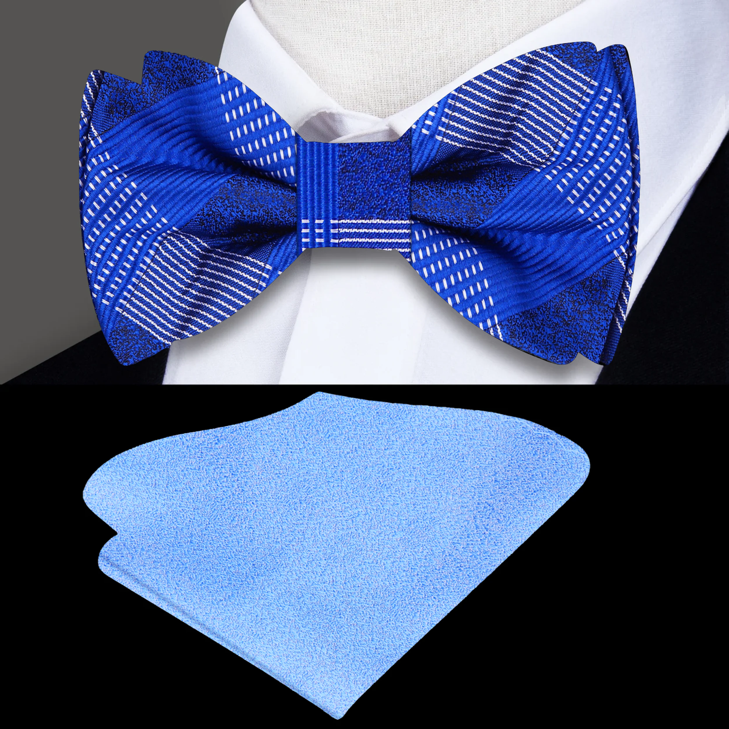 Blue patterned plaid bow tie and matching pocket square on a white shirt.