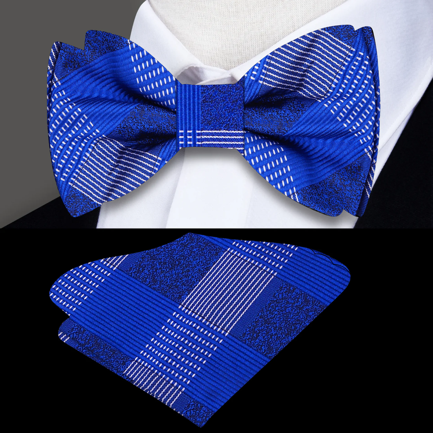 Blue plaid bow tie and pocket square set on a white background