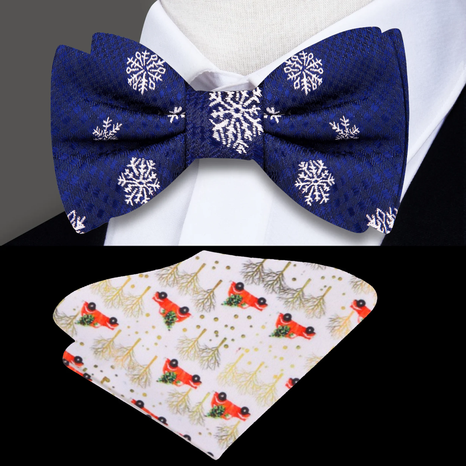 Blue Plaid with White Snowflake Bow Tie and Accenting Square