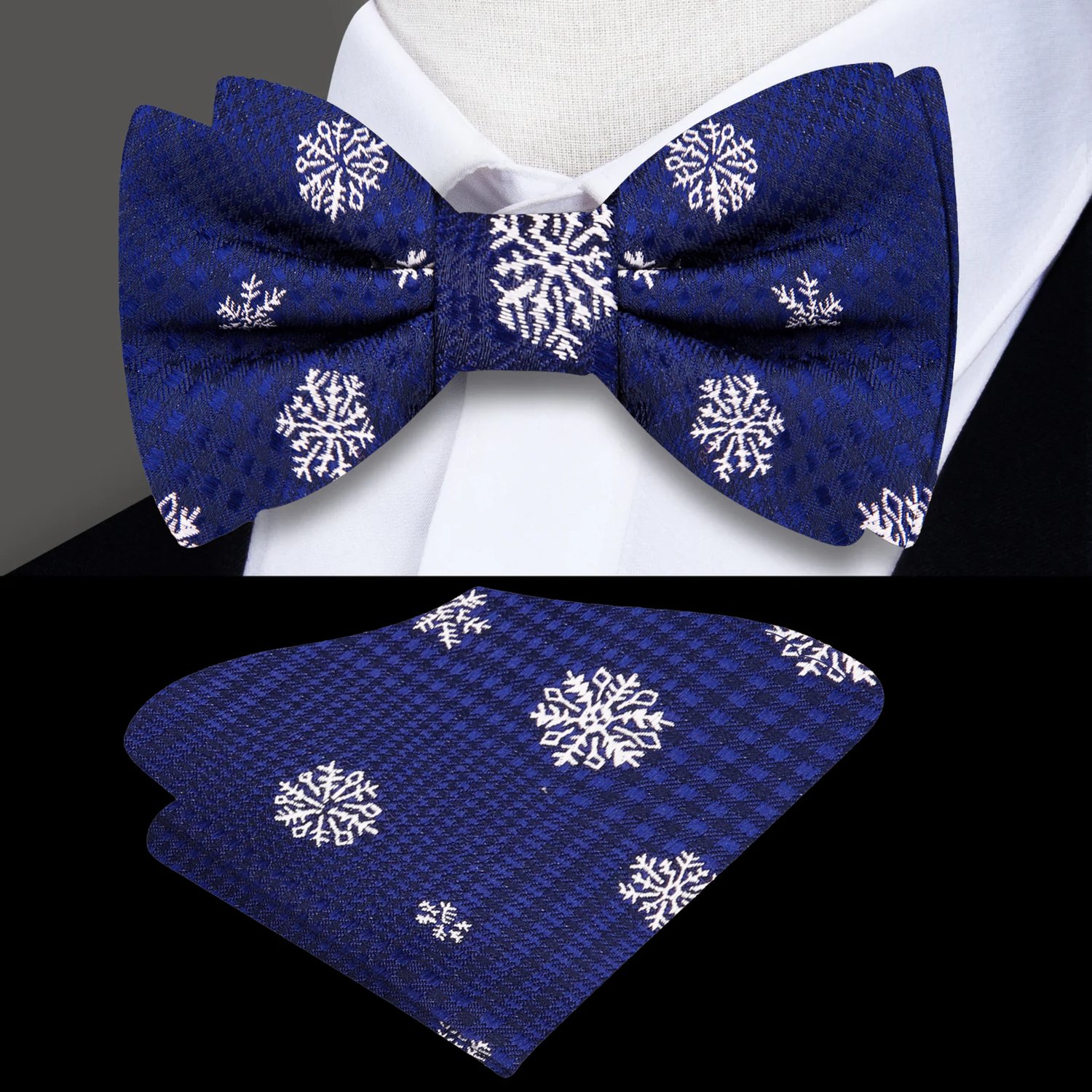 Blue Plaid with White Snowflake Bow Tie and Square